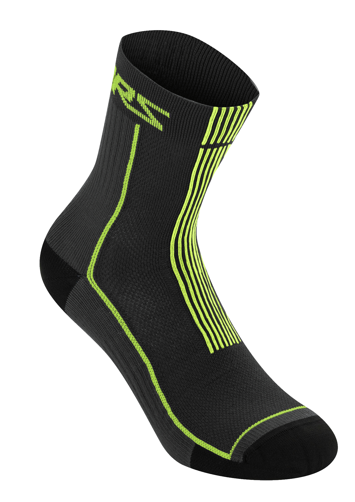 Alpinestars Summer Socks 15, zwart en felgeel, lichtgewicht geribbelde fietssokken, met neongeel ASTARS-logo en verticale strepen op de hiel, ademende mesh-constructie voor mountainbiken in warm weer