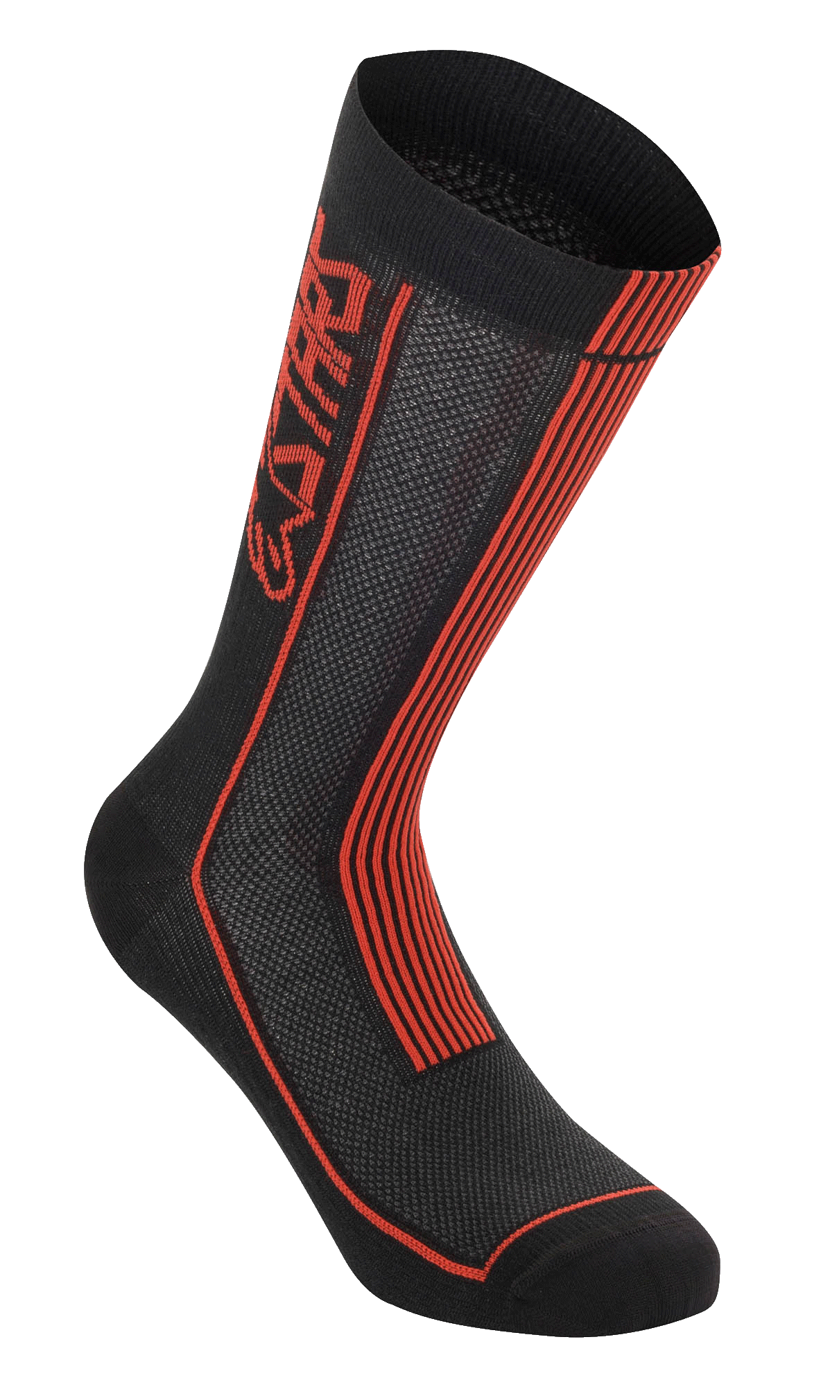 Alpinestars Summer Socks, chaussettes de cyclisme, noir et rouge vif, logo Astars vertical et rayures rouges, texture en maille tricotée pour la circulation de l'air, construction en côtes pour l'extensibilité, équipement de performance pour rouler par temps chaud