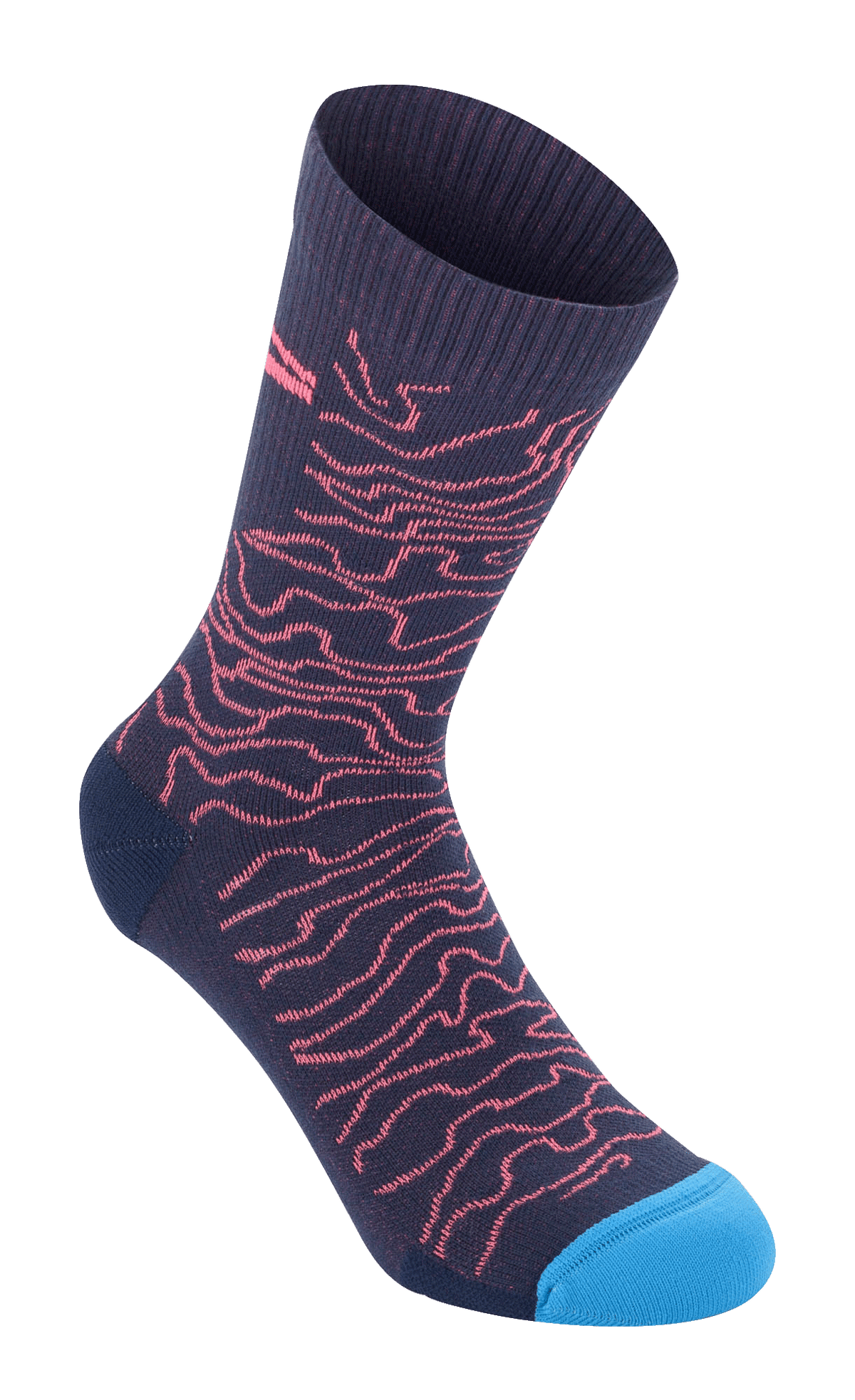 Alpinestars Drop Socks 15, donkerblauw met koraalrood golvend patroon en felblauwe teen, geribbelde textuur aan de bovenzijde, mid-calf performance fietssokken