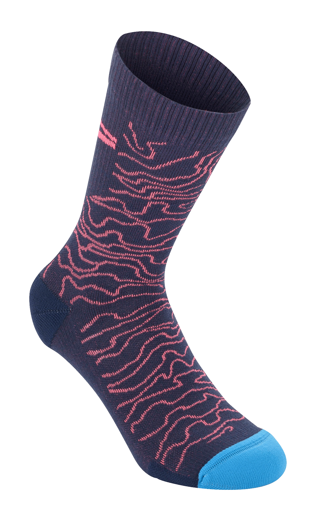 Alpinestars Drop Socks 15, bleu marine avec motif ondulé corail et bout bleu vif, texture côtelée sur le haut, chaussettes de cyclisme de performance mi-mollet