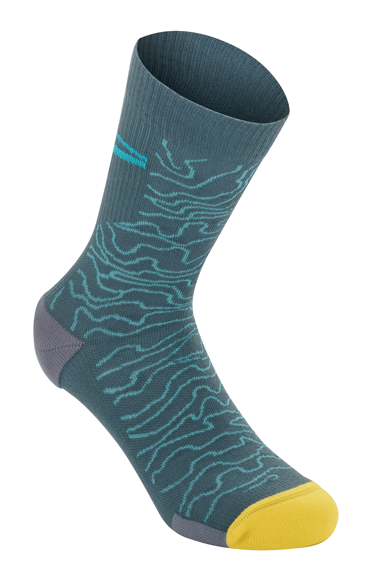 Alpinestars Drop Socks 15, mountainbikesokken, Atlantic Ceramic blauw met lichtblauw topografisch patroon, felgele teen en grijze hiel, geribbelde textuur, lichtgewicht MTB-prestatiesokken