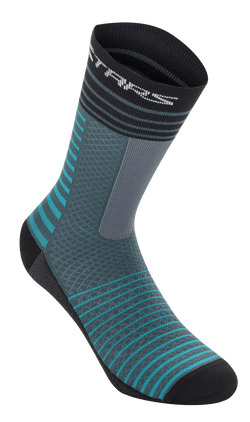 Alpinestars Drop Socks 19, Fahrradsocken, Atlantic Ceramic und Grau, horizontales Streifendesign in Türkis und Schwarz, atmungsaktive Mesh-Konstruktion, wadenlang, Performance-Ausrüstung für Mountainbiking