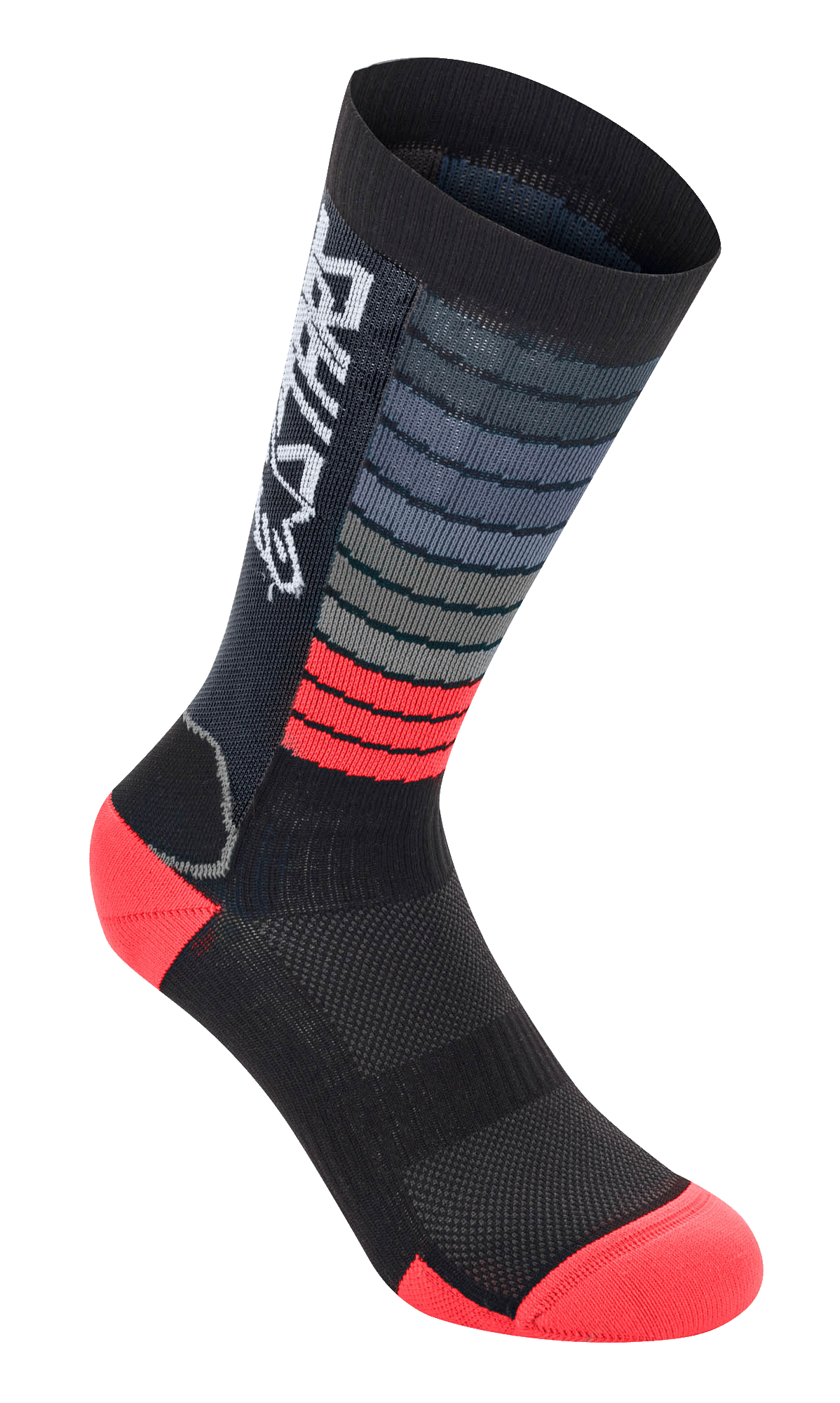 Alpinestars Drop Socks, chaussettes de cyclisme haute performance, noir et rouge vif, avec rayures horizontales grises et rouges, logo Astars blanc sur le revers, talon et pointe renforcés, construction en maille pour équipement VTT