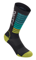 Alpinestars Drop Socken, Mountainbike MTB-Socken, Schwarz mit blaugrünen und lindgrünen Verlaufsstreifen, gelb-grüner Zehen- und Fersenbereich, mit weißem Astars-Branding und atmungsaktiver Mesh-Struktur