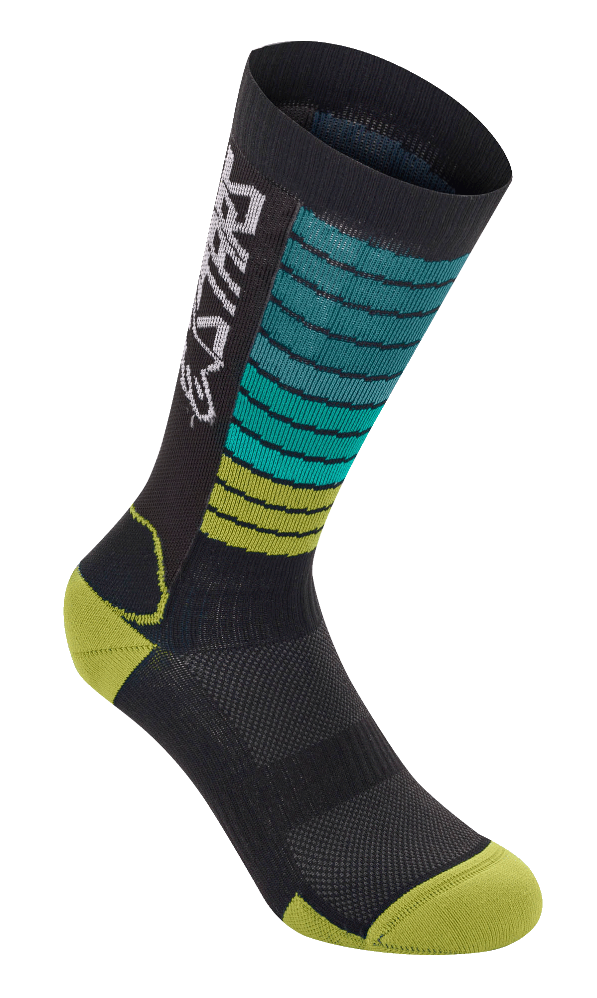 Chaussettes Alpinestars Drop, chaussettes de cyclisme VTT, noires avec rayures dégradées bleu-vert et vert lime, pointe et talon jaune-vert, avec logo Astars blanc et texture en maille respirante