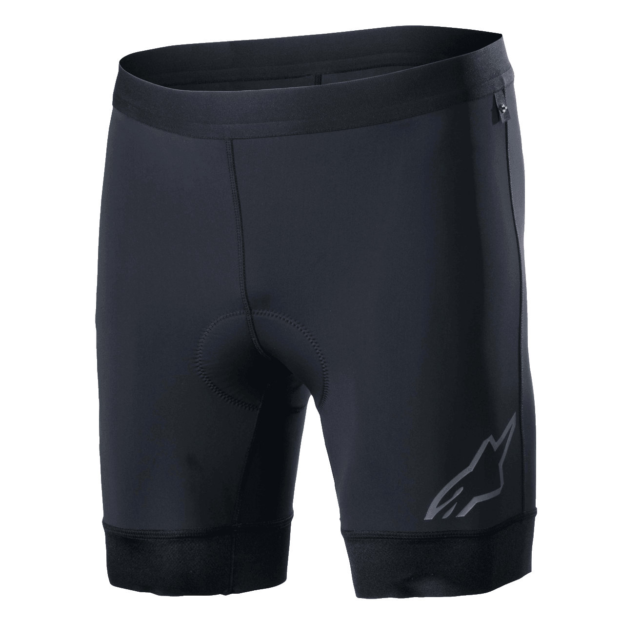 Alpinestars Alps Inner Shorts, schwarze Rad-Innenhose mit integriertem gepolstertem Sitzbereich, elastischer Bund, reflektierendes Astars-Logo am unteren linken Bein, dehnbares Synthetikgewebe für Performance und feuchtigkeitsableitenden Komfort