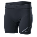 Alpinestars Stella Drop Inner Shorts pour femme, couche de base de cyclisme noire, short de compression ajusté avec une ceinture croisée, logo Alpinestars gris sur la jambe, tissu extensible évacuant l'humidité pour le VTT et l'Enduro