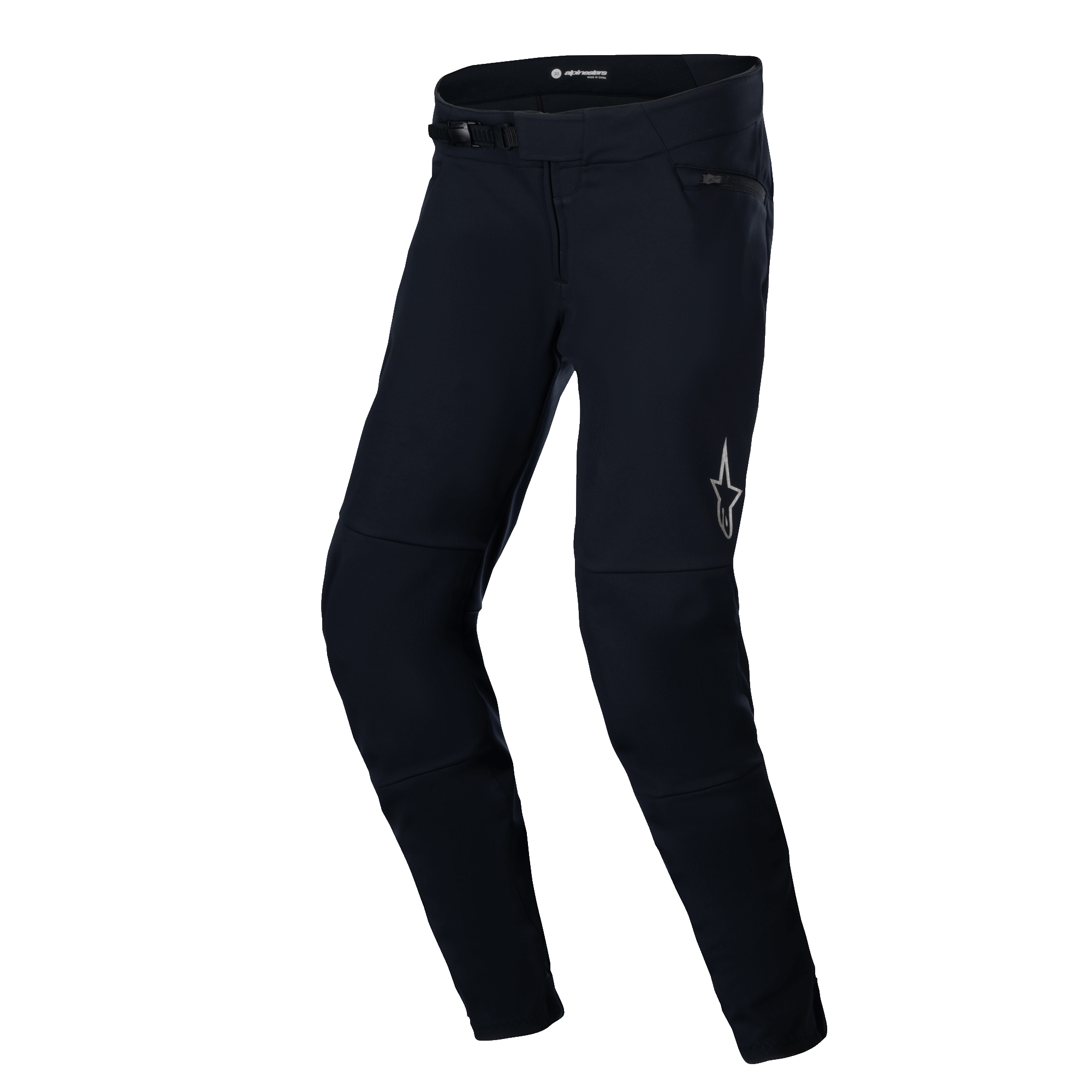 Alpinestars A-Dura Thermal Pant, pantalon de VTT, noir, doté d'une coque en nylon robuste avec système de fermeture à cliquet, logo en étoile réfléchissant sur la cuisse gauche et forme anatomique pré-courbée pour un confort optimal en tout-terrain.
