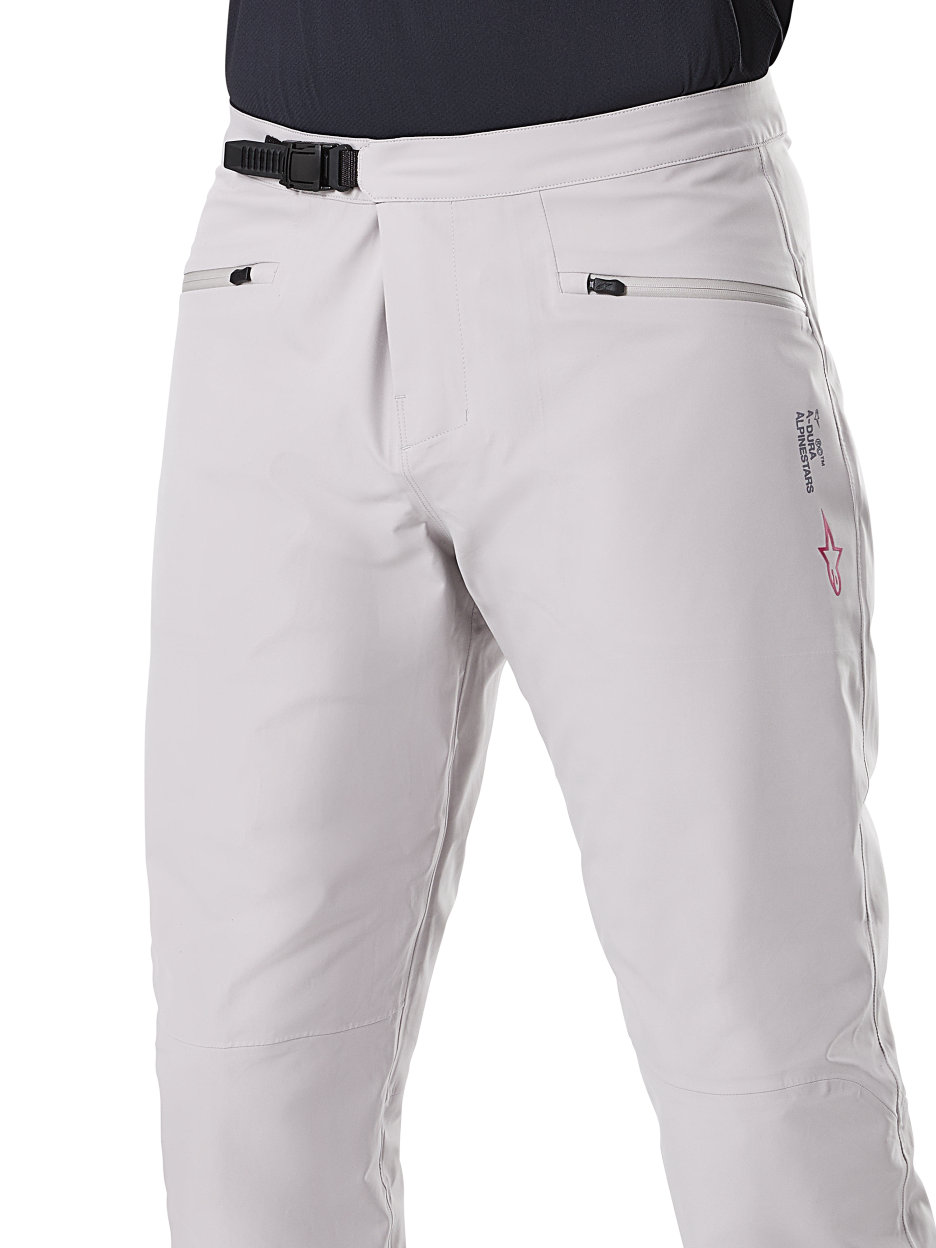Alpinestars A-Dura Waterproof Pants, pantalon de VTT, gris titane, vue de face montrant la fermeture à cliquet noire à la taille et les poches mains zippées, construction imperméable durable pour le vélo de montagne