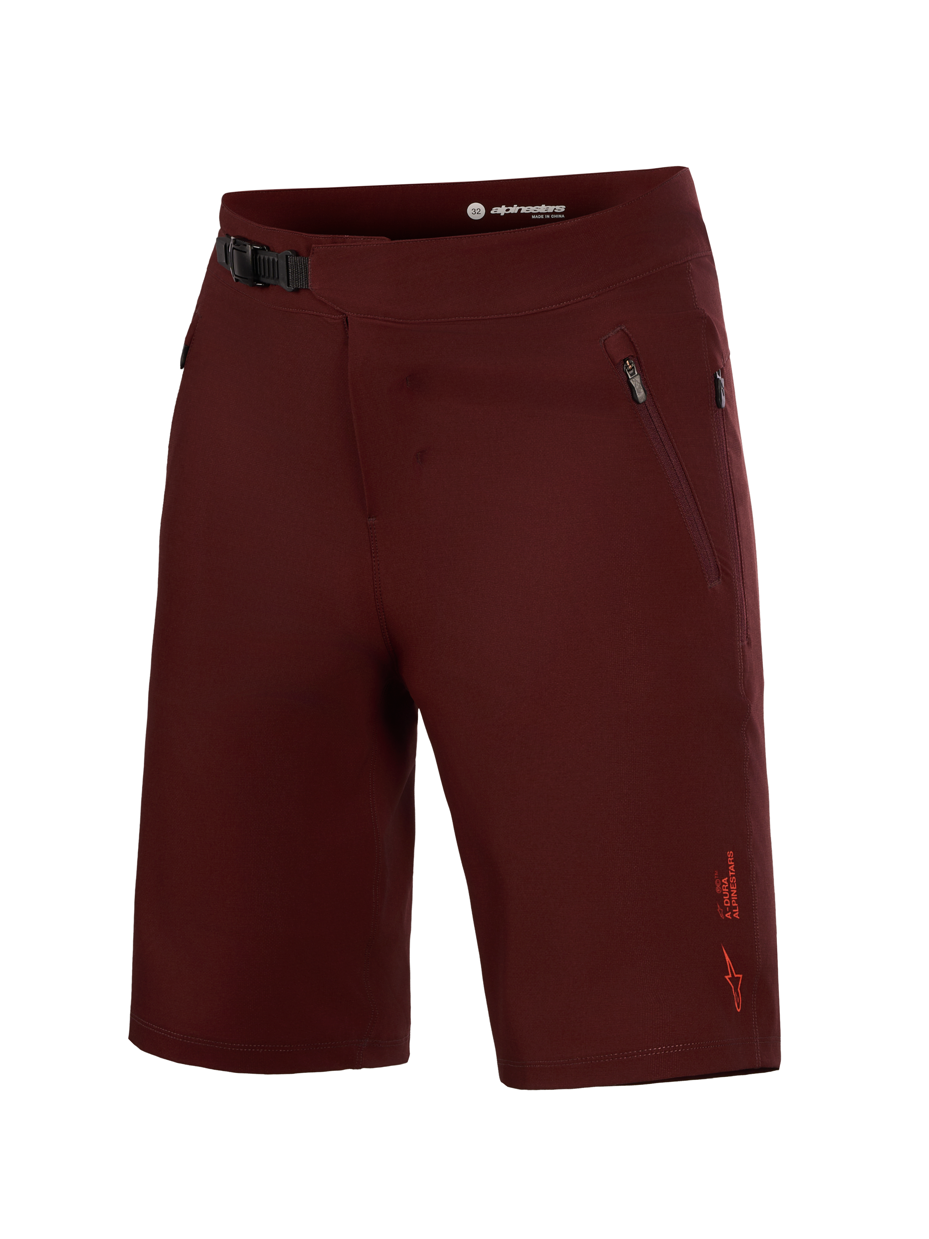 Alpinestars A-Dura Ride MTB-shorts in bordeauxrood met een veilige ratelsluiting en duurzame stretchstof.