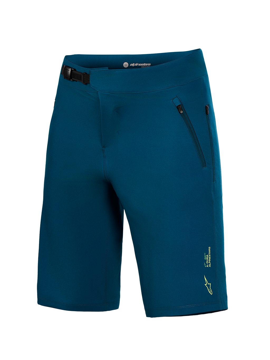Short Alpinestars A-Dura Ride bleu-vert, avec fermeture à cliquet et poches zippées pour la performance en VTT.