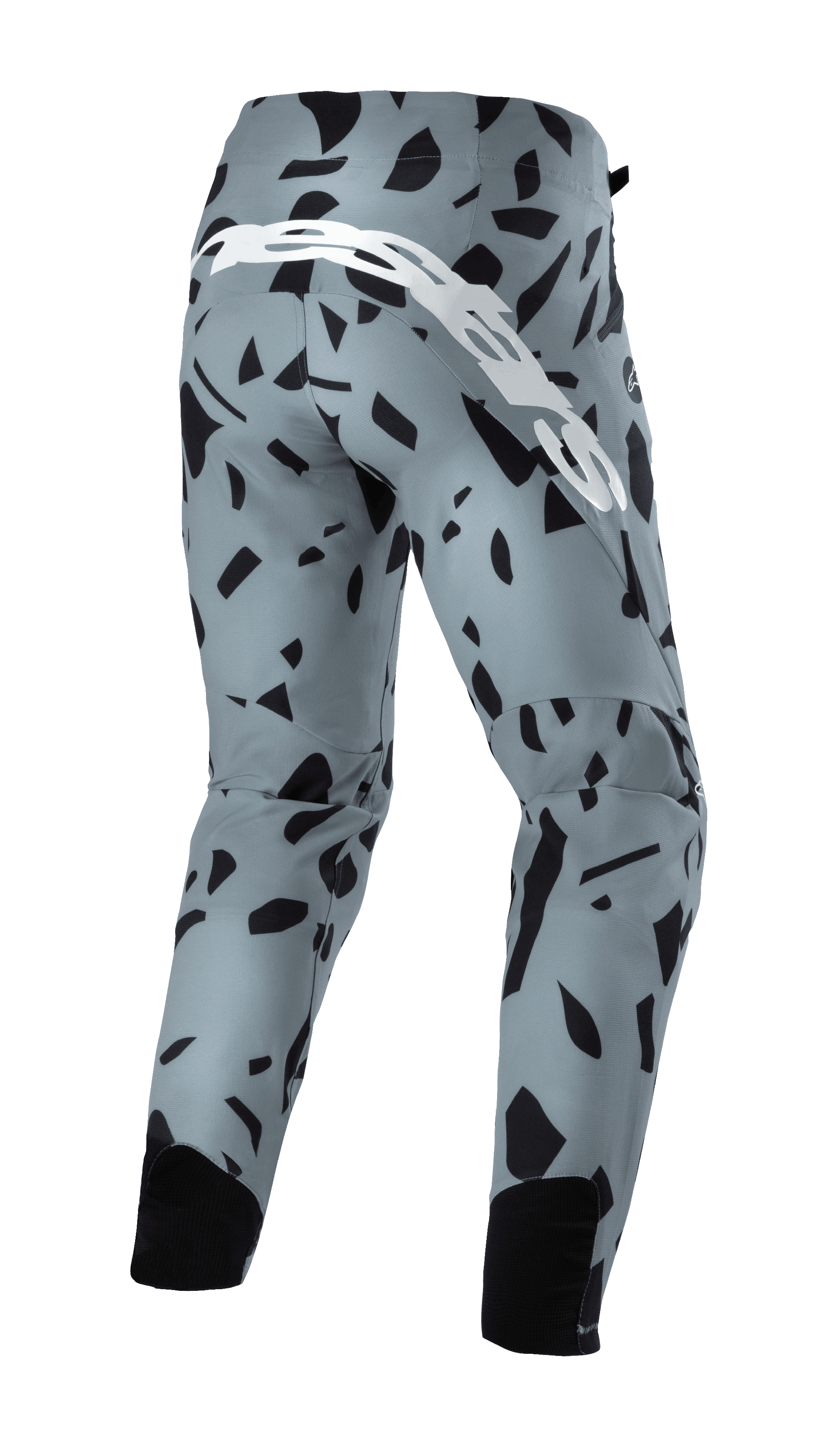 Alpinestars Techstar Envision broek, mountainbikebroek, asblauw met zwart abstract geometrisch patroon, achterkant met groot wit tekstlogo en zwarte mesh kuitpanelen, duurzame off-road fietskleding