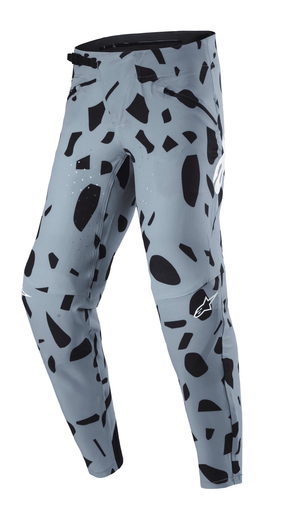 Alpinestars Techstar Envision broek, MTB-broek, asblauw met zwart abstract patroon, voorzien van een ratelsluiting in de taille en zakken met rits, lasergeperforeerde ventilatie voor ademend vermogen, ontworpen voor mountainbiken