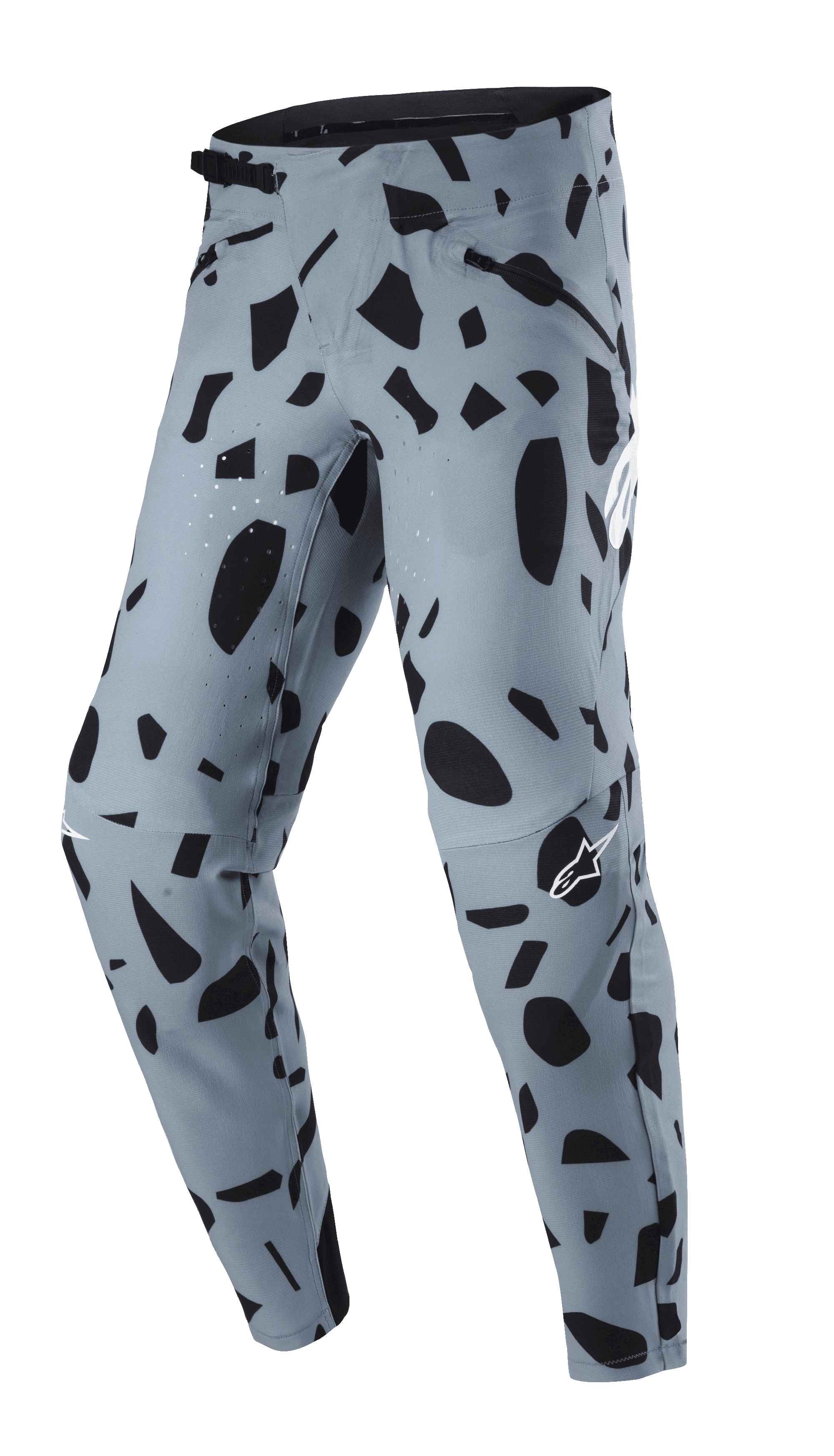 Alpinestars Techstar Envision broek, MTB-broek, asblauw met zwart abstract patroon, voorzien van een ratelsluiting in de taille en zakken met rits, lasergeperforeerde ventilatie voor ademend vermogen, ontworpen voor mountainbiken