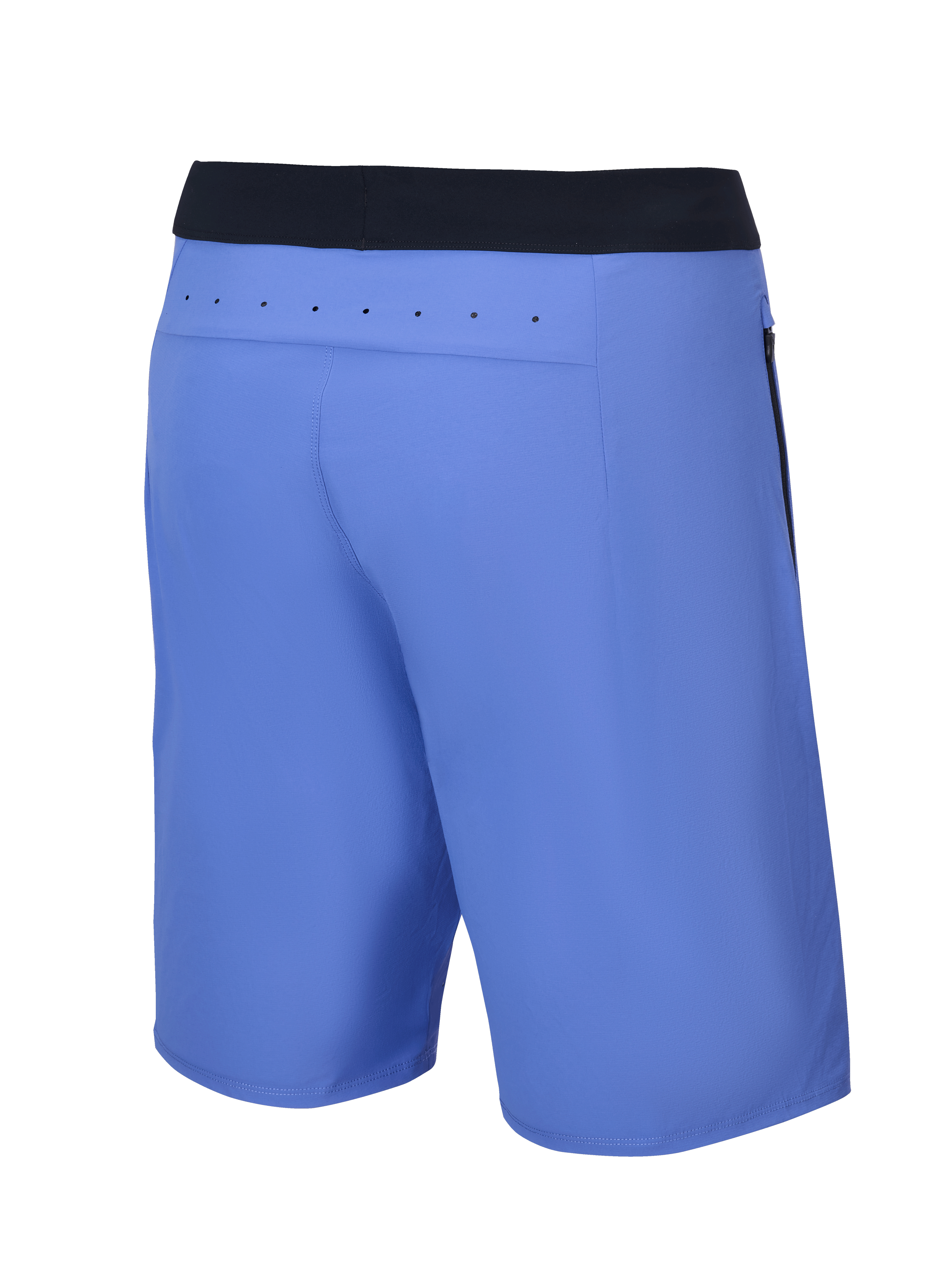 Short Alpinestars A-Aria Lite, short de VTT, Baja Blue, vue arrière avec une ceinture noire et des perforations laser pour la ventilation sur l'empiècement arrière, coupe performance pour le trail