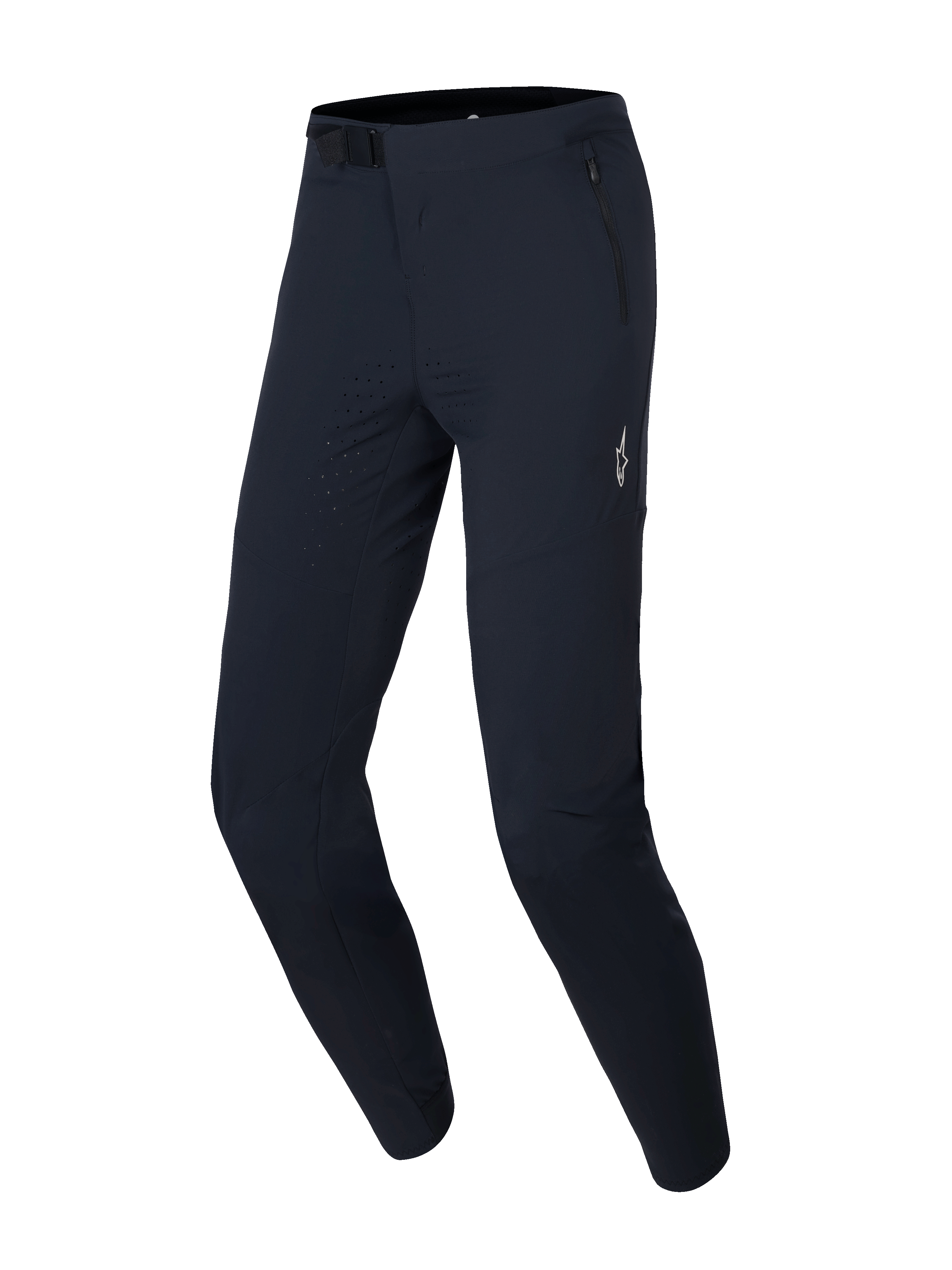 Alpinestars A-Aria Elite broek, MTB-fietsbroek, Black Titanium, met lasergeperforeerde ventilatie op de dijen, magnetische gespsluiting bij de taille en zakken met rits voor off-road prestaties.