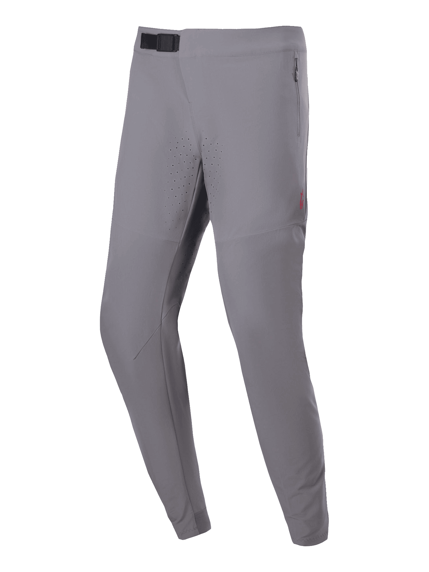 Pantalon Alpinestars A-Aria Elite, pantalon de cyclisme VTT, gris foncé, avec perforations laser sur les cuisses, fermeture à boucle magnétique noire à la taille et poches latérales zippées, coupe performance pour le VTT tout-terrain