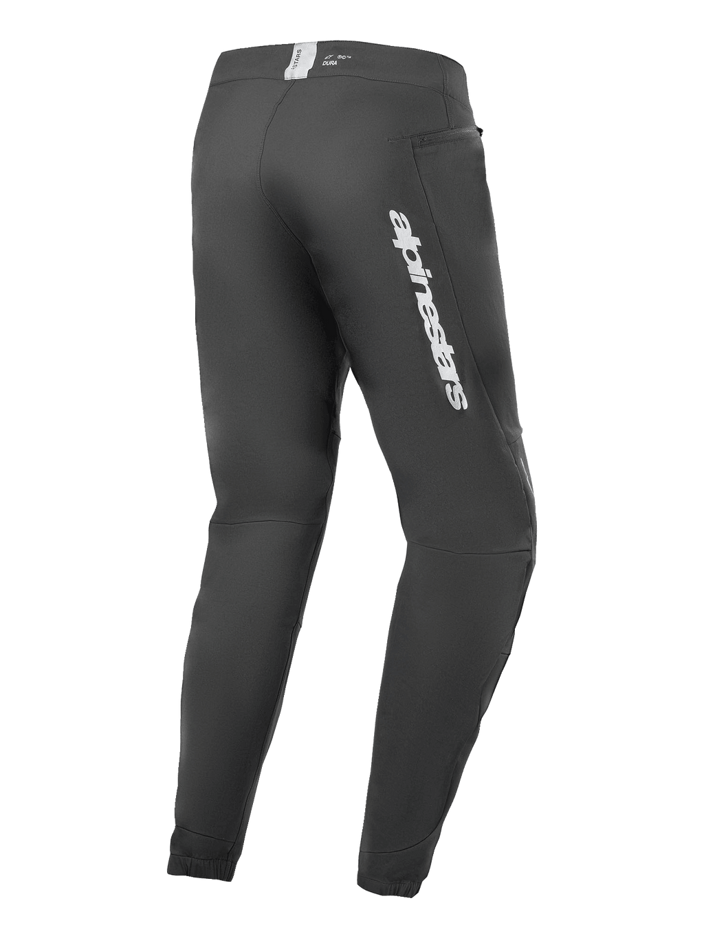 Alpinestars A-Dura Elite Pants, pantalon de VTT, noir, vue latérale arrière avec logo Alpinestars argenté sur la cuisse, poche zippée et poignets élastiqués, équipement technique durable pour le VTT