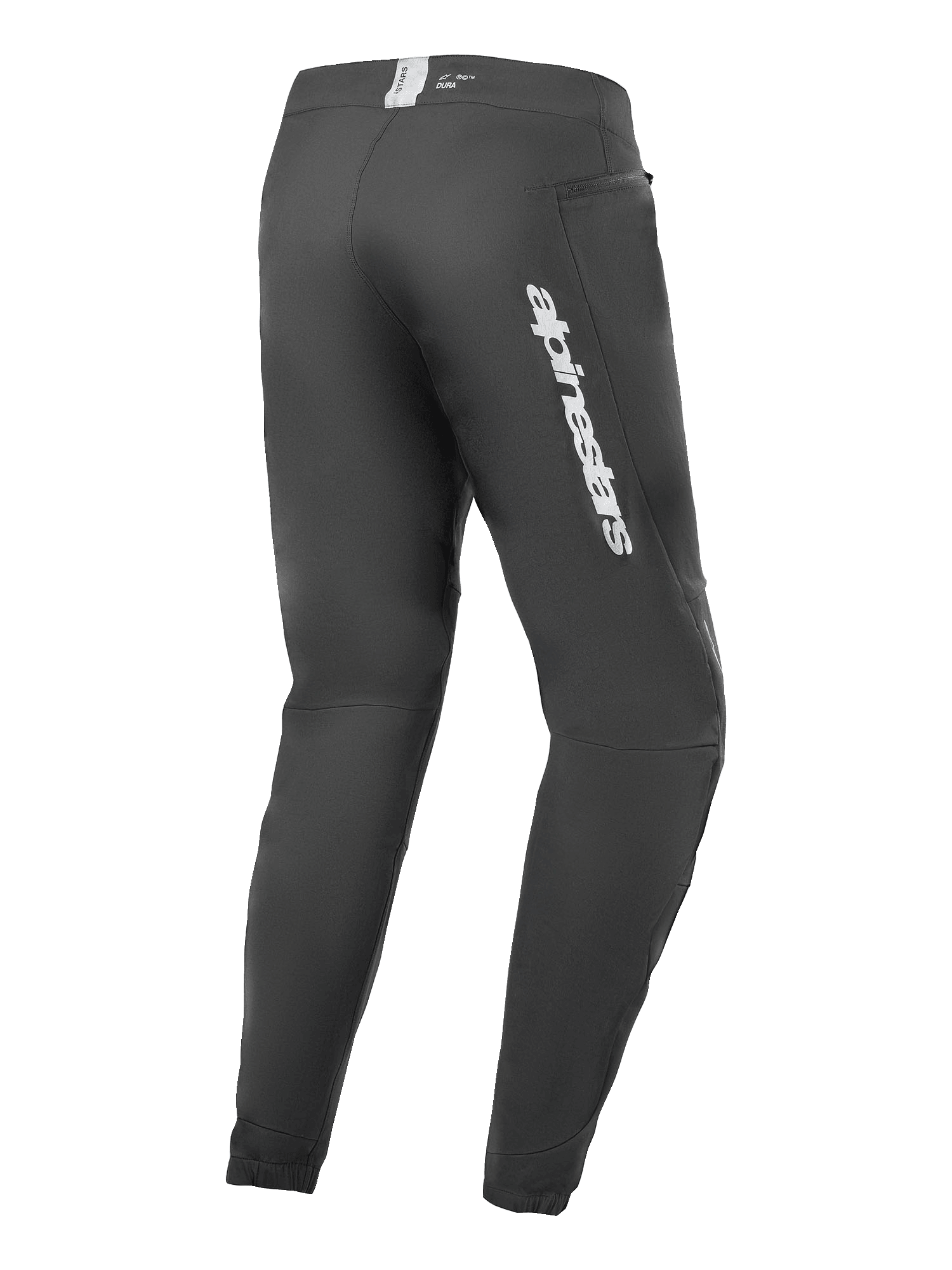 Alpinestars A-Dura Elite Pants, pantalon de VTT, noir, vue latérale arrière avec logo Alpinestars argenté sur la cuisse, poche zippée et poignets élastiqués, équipement technique durable pour le VTT