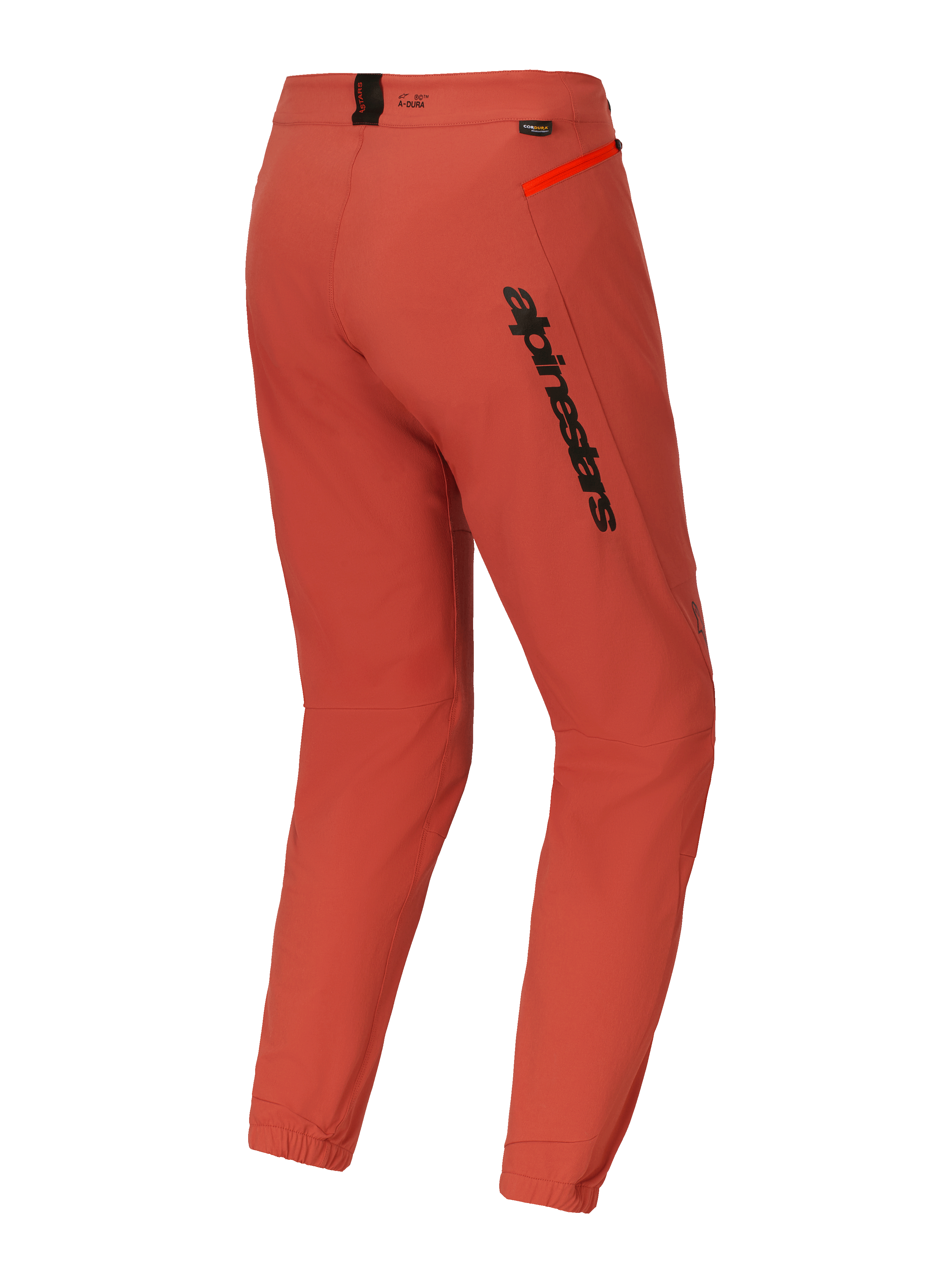 Pantalon Alpinestars A-Dura Elite, pantalon de VTT (MTB), orange foncé, vue de trois-quarts arrière avec logo Alpinestars noir sur la cuisse, détail de fermeture éclair orange vif sur la hanche et chevilles élastiquées, équipement de cyclisme technique haute performance