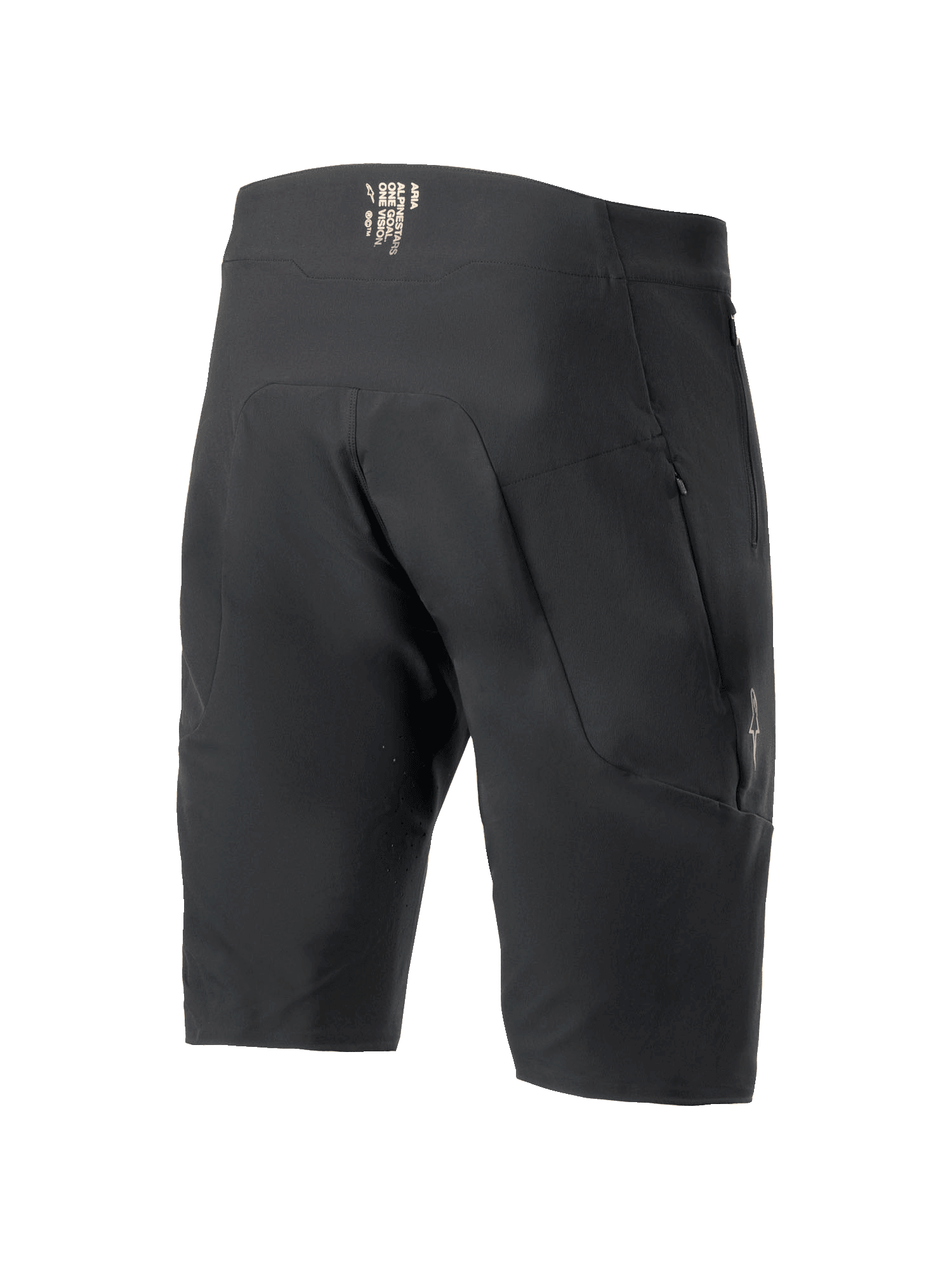 Alpinestars A-Aria Elite Shorts, mountainbike short, zwart, achteraanzicht met zakken met rits en branding op de tailleband, technische prestatiepasvorm voor off-road fietsen.