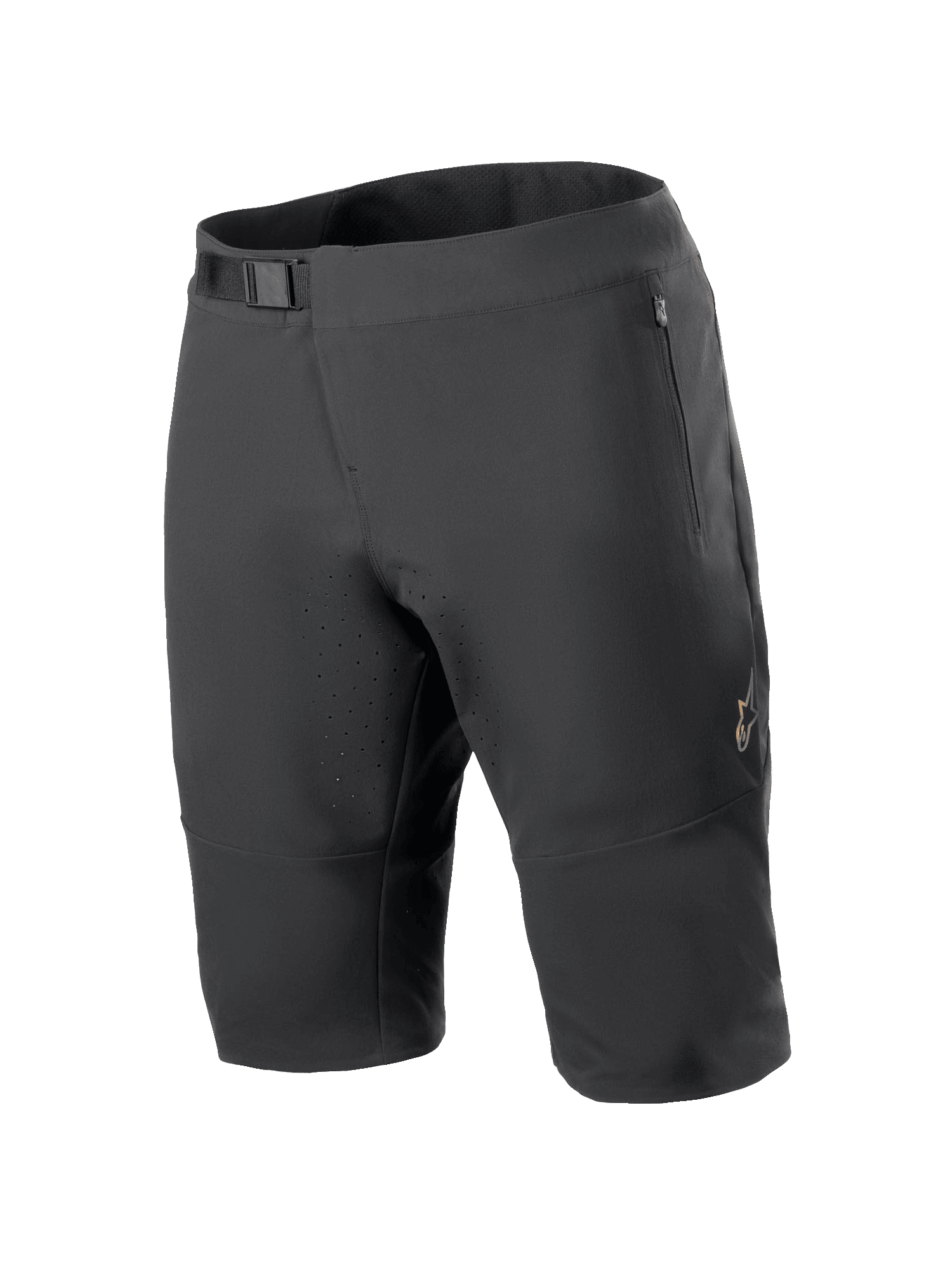 Alpinestars A-Aria Elite Shorts, mountainbike short, zwart, voorzien van een magnetische gespsluiting in de taille, zakken met ritssluiting, lasergesneden ventilatieopeningen en 4-way stretchmateriaal voor off-road fietsen