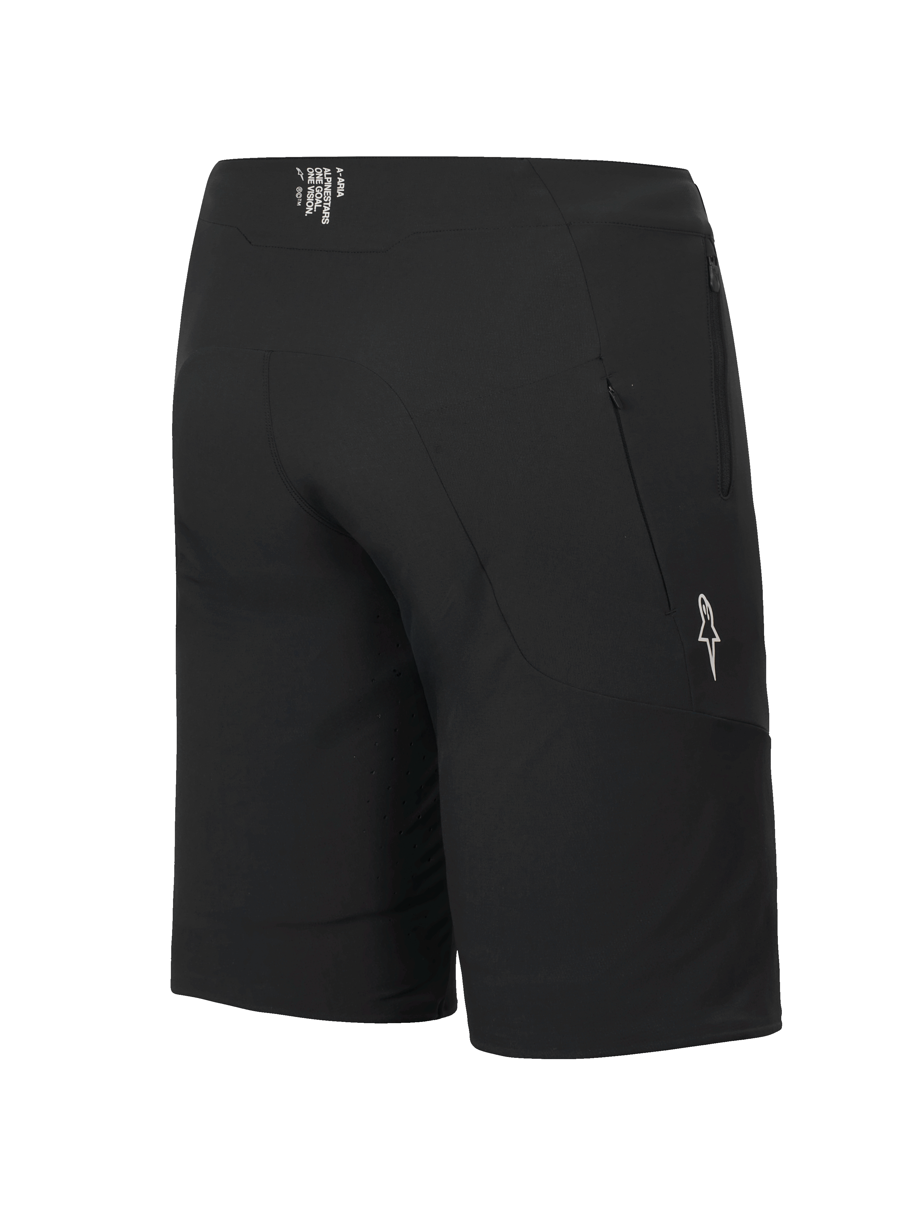 Short Alpinestars A-Aria Elite, short de VTT, Black Titanium, vue latérale arrière montrant la poche zippée et le logo étoile blanc, coupe performance pour le cyclisme