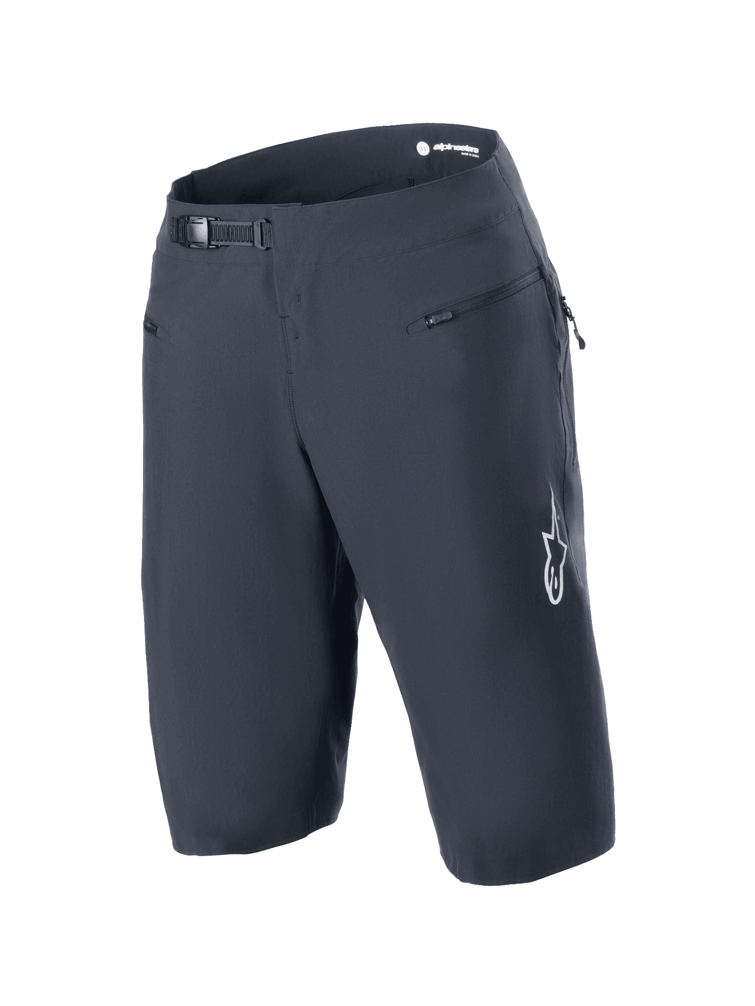 Short Alpinestars A-Aria, noir, short de VTT avec système de fermeture à rochet à la taille et poches avant zippées, logo Astars blanc sur la jambe, vêtement de cyclisme technique haute performance
