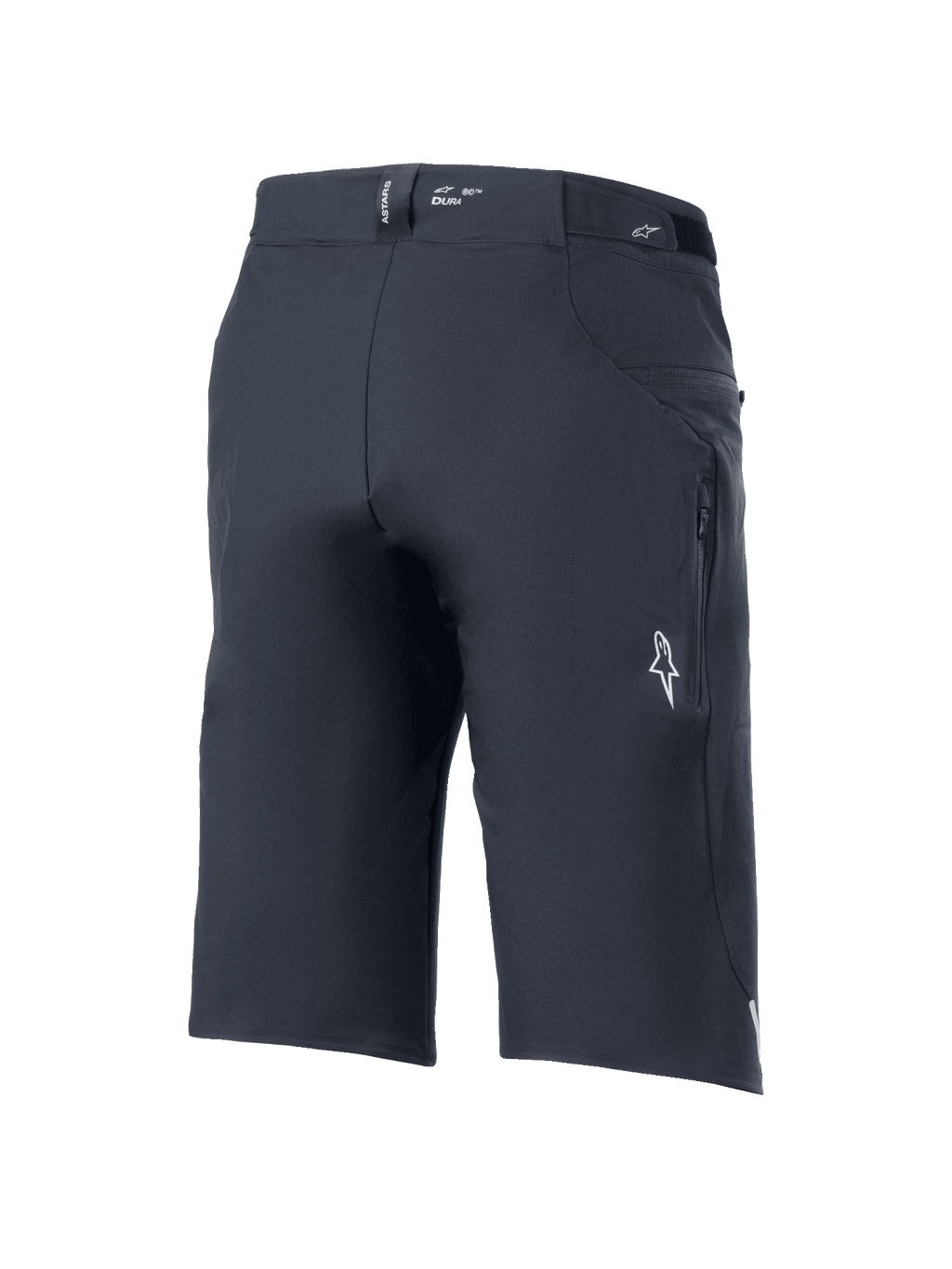 Short Alpinestars A-Dura Elite, short de VTT, noir, vue arrière de trois-quarts avec poche latérale zippée, logo Astars blanc et marquage « DURA » sur la ceinture, tissu Cordura robuste extensible dans 4 directions pour le cyclisme tout-terrain