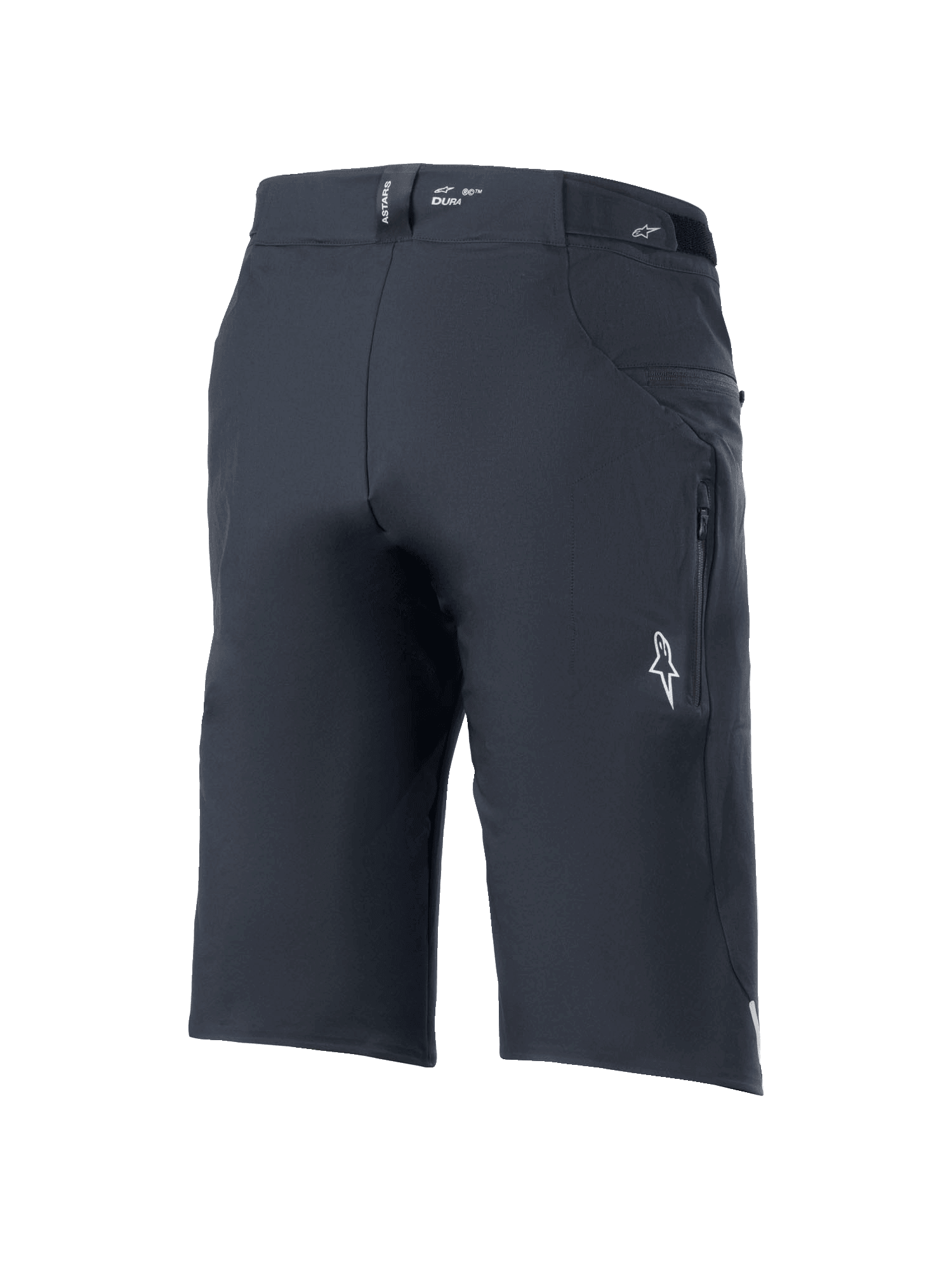Short Alpinestars A-Dura Elite, short de VTT, noir, vue arrière de trois-quarts avec poche latérale zippée, logo Astars blanc et marquage « DURA » sur la ceinture, tissu Cordura robuste extensible dans 4 directions pour le cyclisme tout-terrain