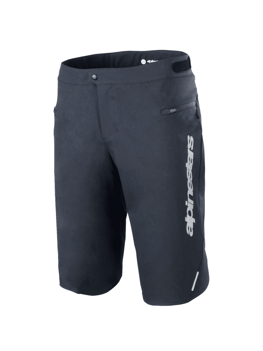 Short Alpinestars A-Dura Elite, short de VTT, noir, avec logo Alpinestars blanc vertical sur la jambe gauche, poche latérale zippée, fermeture avant par bouton-pression avec ajusteurs de taille à crochet et boucle, détail réfléchissant, tissu Cordura® durable extensible dans les 4 sens pour le cyclisme tout-terrain