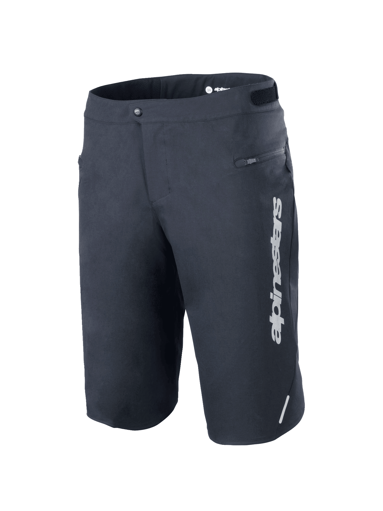 Short Alpinestars A-Dura Elite, short de VTT, noir, avec logo Alpinestars blanc vertical sur la jambe gauche, poche latérale zippée, fermeture avant par bouton-pression avec ajusteurs de taille à crochet et boucle, détail réfléchissant, tissu Cordura® durable extensible dans les 4 sens pour le cyclisme tout-terrain