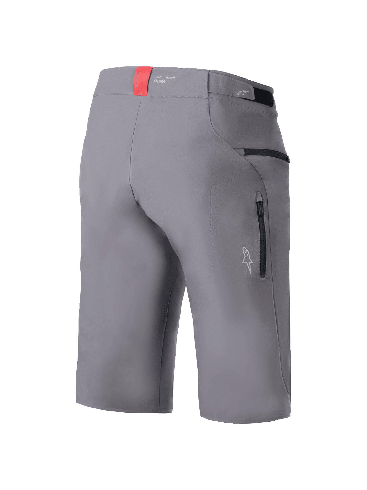 Alpinestars A-Dura Elite Shorts, MTB-Radshorts, Dunkelgrau, Dreiviertel-Rückansicht mit seitlichen Reißverschlusstaschen, Klettverschluss-Taillenversteller und roter Akzentlasche am Bund, strapazierfähiges 4-Wege-Stretch-Cordura-Gewebe, reguläre Passform fürs Mountainbiken