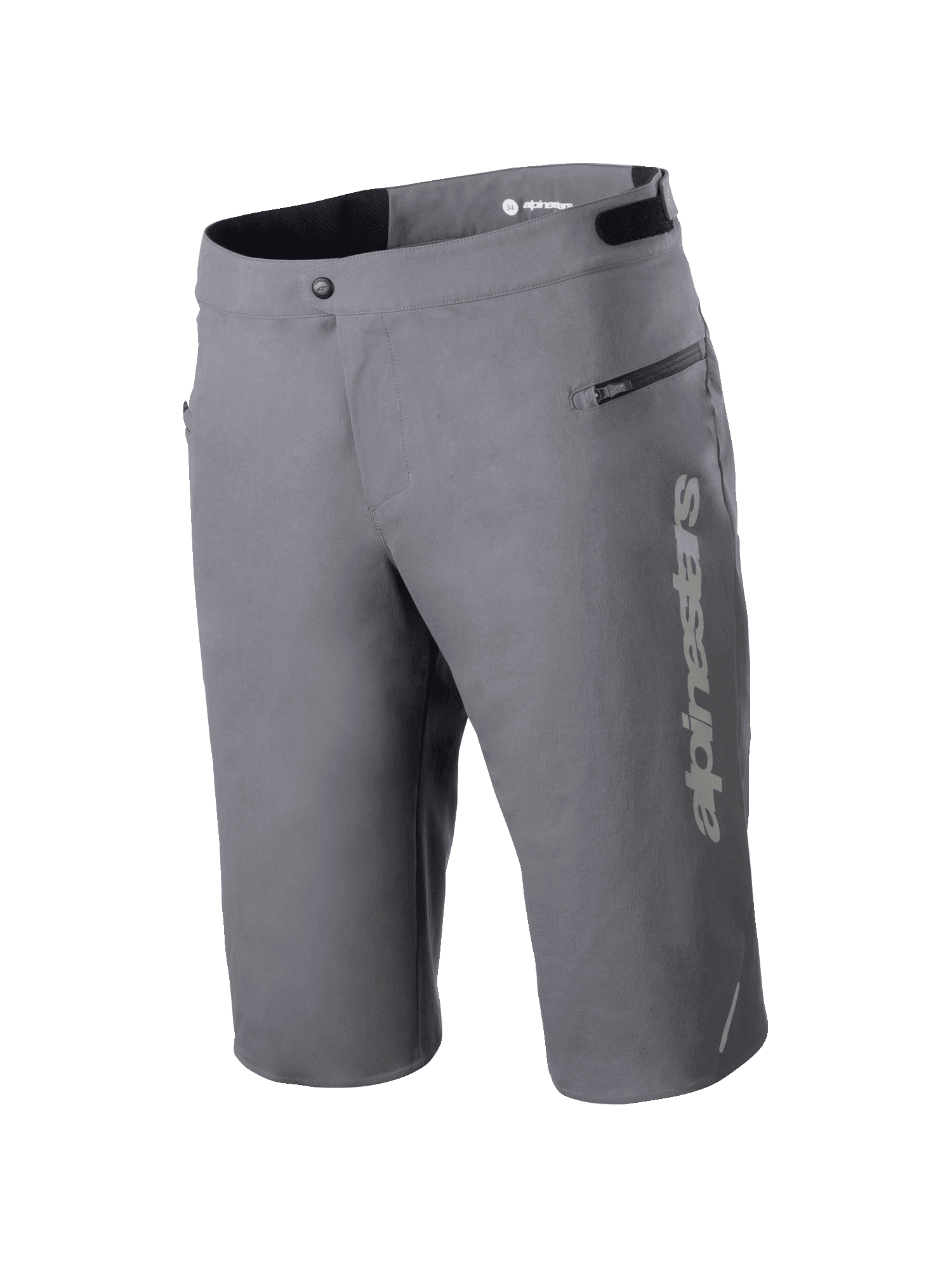 Alpinestars A-Dura Elite Shorts, Mountainbike-Shorts, Dunkelgrau, mit vertikalem Alpinestars-Logo am Bein, Seitentasche mit Reißverschluss, Druckknopfverschluss vorne und verstellbarem Bund für den Offroad-Radsport