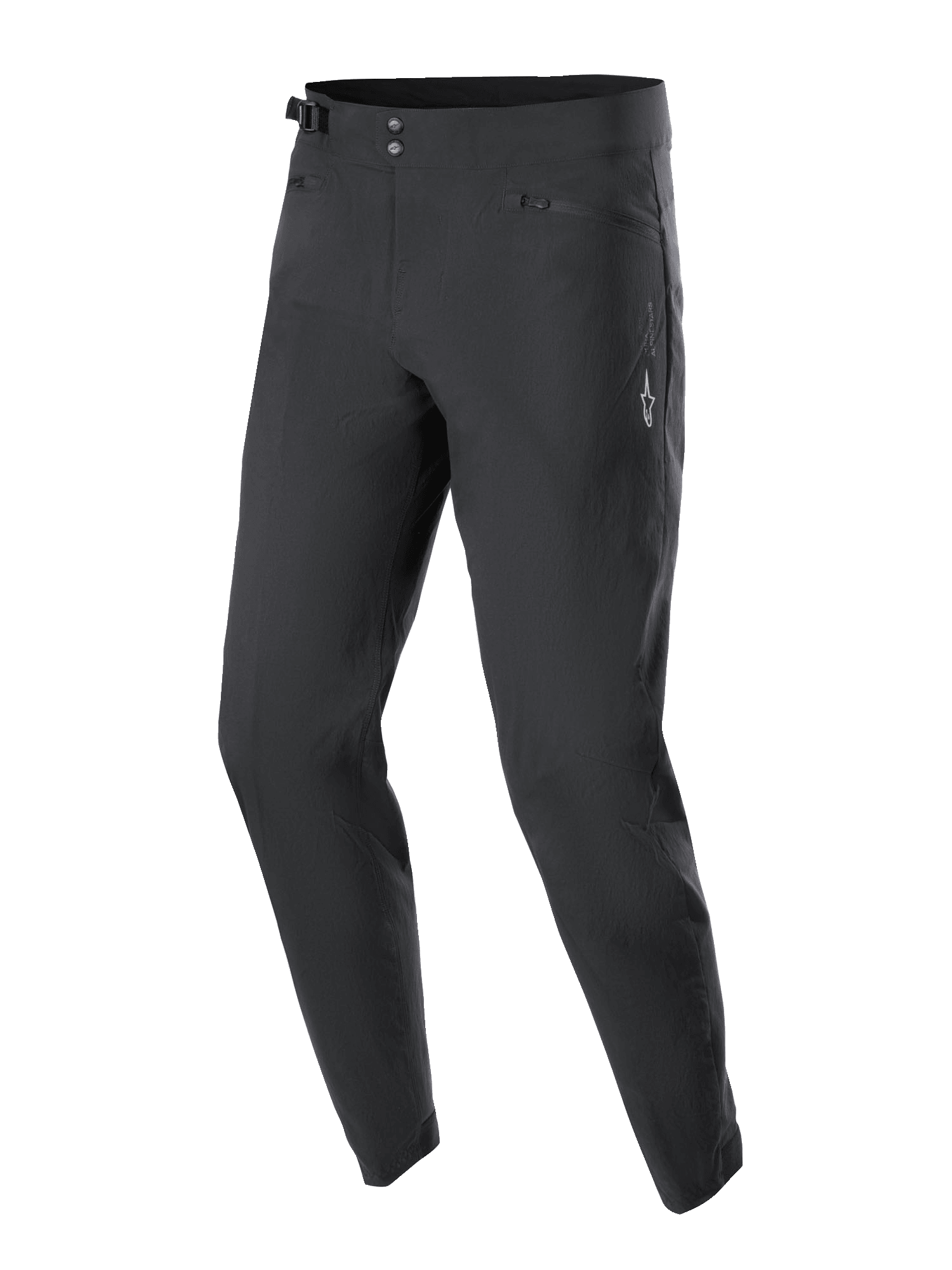 Alpinestars A-Dura broek, mountainbike broek, zwart, voorzien van een dubbele drukknoopsluiting, verstelbare tailleband aan de zijkant, zakken met rits en meshvoering, en een wit Astars-logo op het bovenbeen, ontworpen voor duurzaamheid off-road.