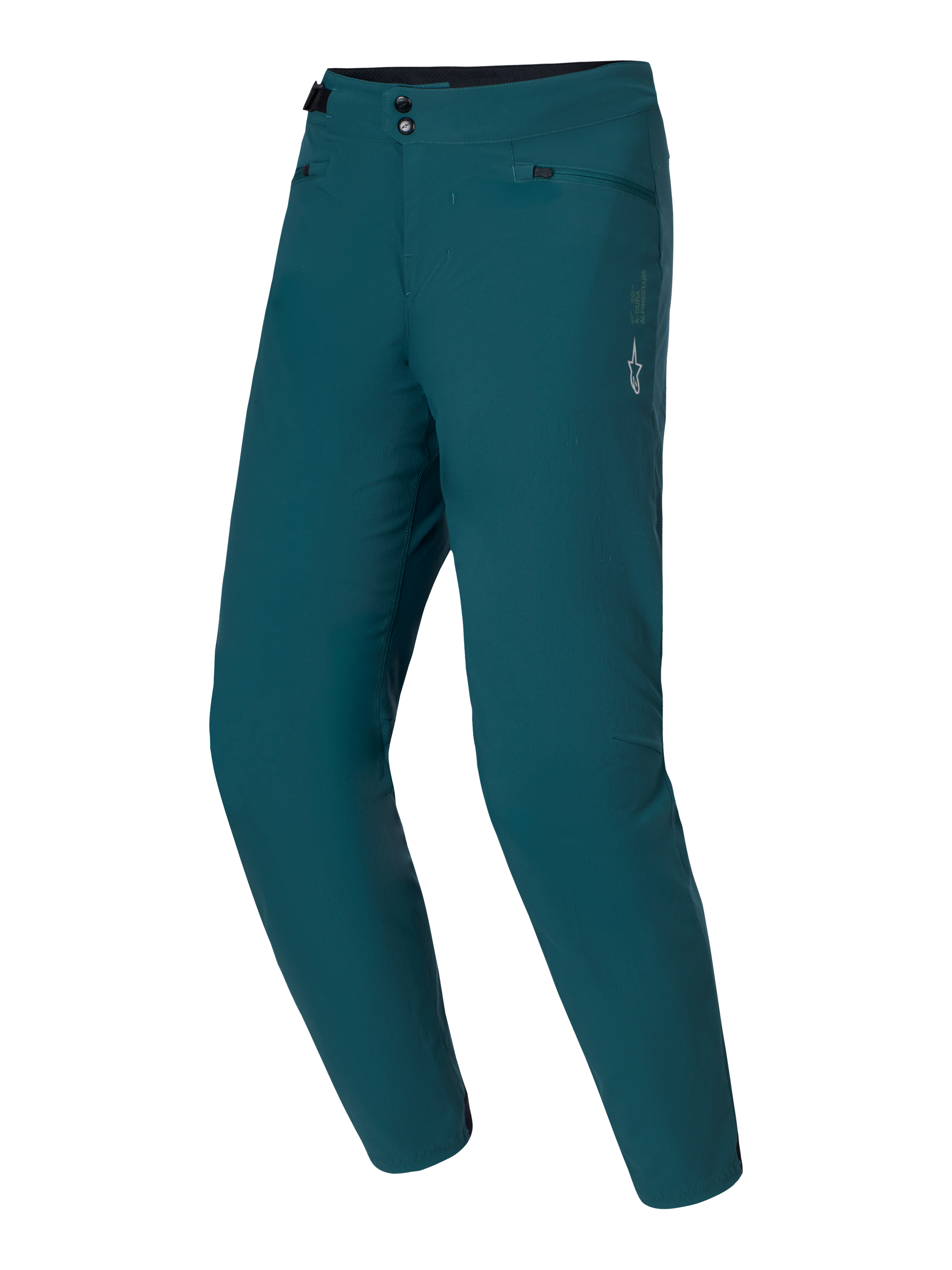 Alpinestars A-Dura Hose, Mountainbike-Hose, Dark Pine Grün, mit doppeltem Druckknopfverschluss und seitlichen Taillenverstellern, weißes Stern-Logo auf dem linken Oberschenkel, strapazierfähiges 2-Wege-Stretch-Textil für MTB-Trailfahrten