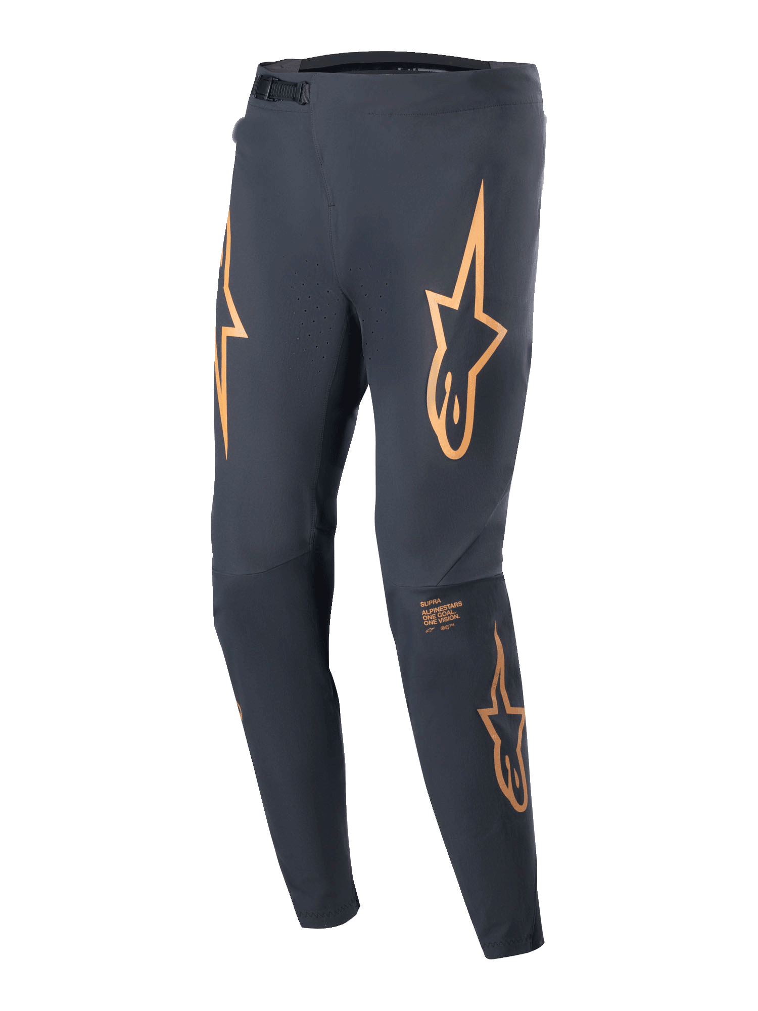 Alpinestars A-Supra Race Pants, pantalon de course VTT, noir avec logos d'étoiles orange proéminents sur les cuisses, doté d'une fermeture à rochet à l'avant, de ventilations perforées au laser et d'une coupe athlétique fuselée.