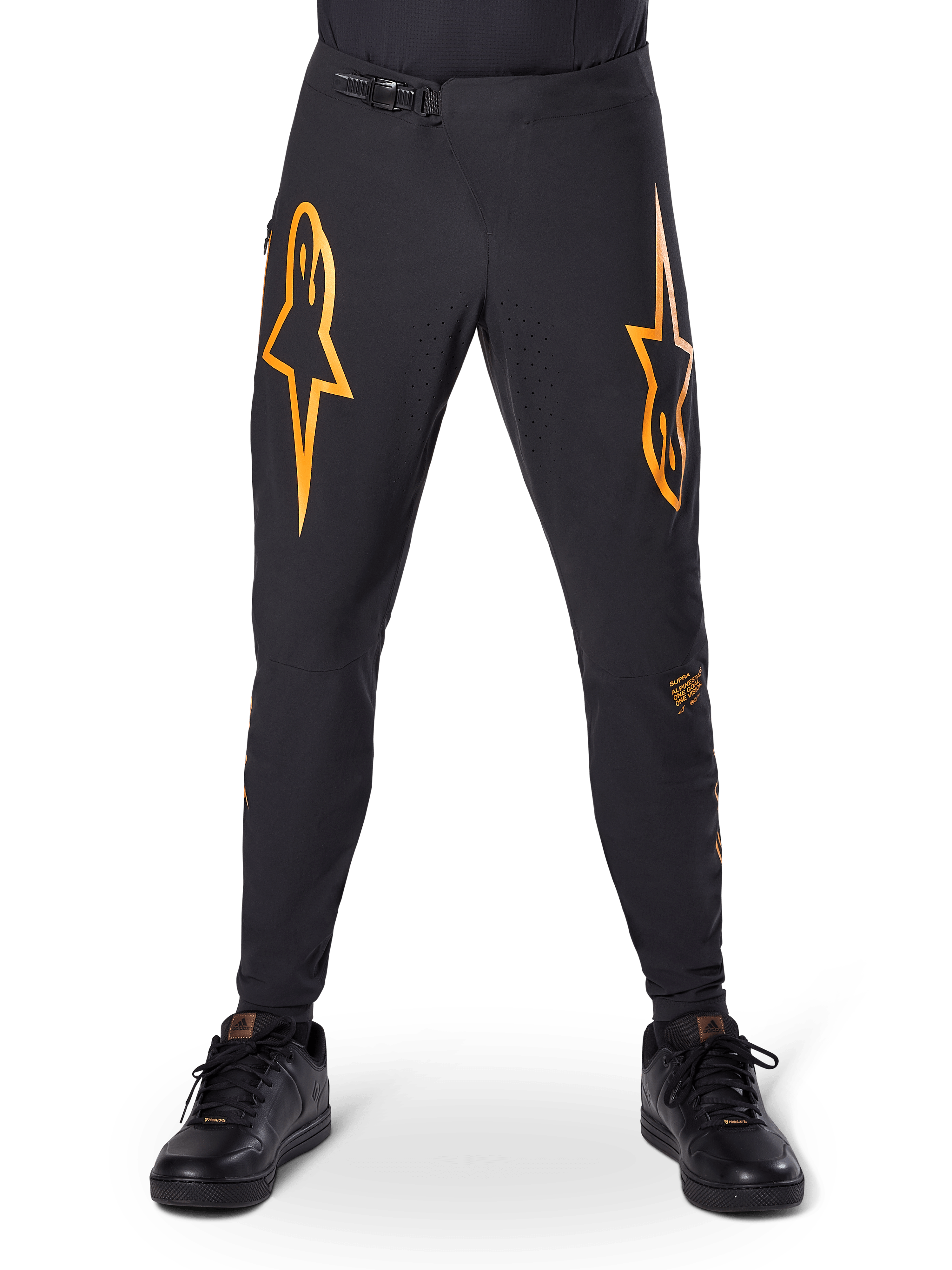 Pantalon de course Alpinestars A-Supra, pantalon de cyclisme VTT, noir avec logos orange vifs, doté d'une fermeture à rochet à la taille et d'une ventilation perforée au laser, coupe performance conçue pour la course de VTT tout-terrain