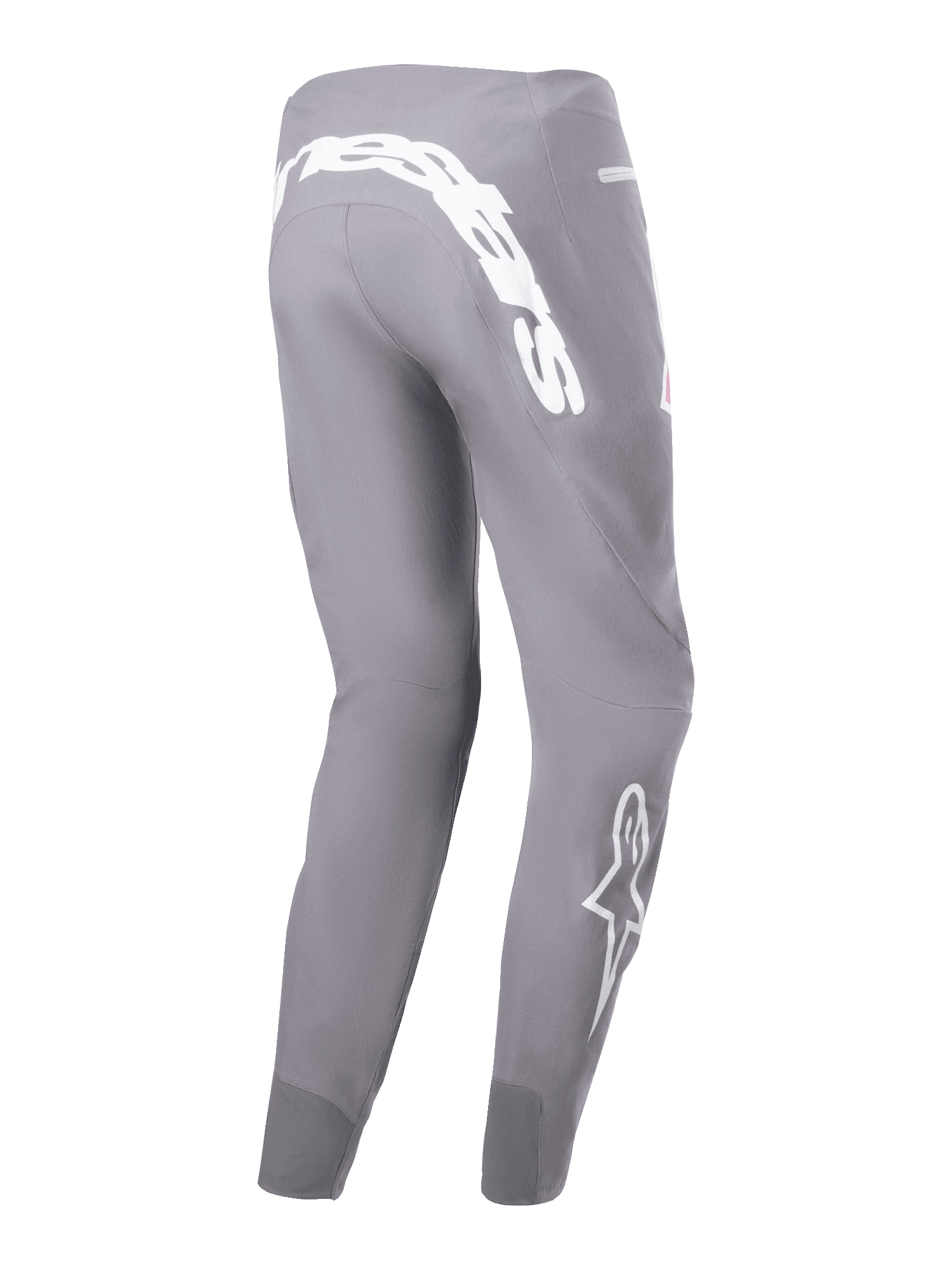 Alpinestars A-Supra Race Pants, pantalon de course VTT, gris foncé, avec un grand logo blanc sur l'empiècement arrière et un logo étoile blanc sur le bas de la jambe, coupe performance ajustée avec tissu extensible 4 directions, équipement de cyclisme tout-terrain durable.