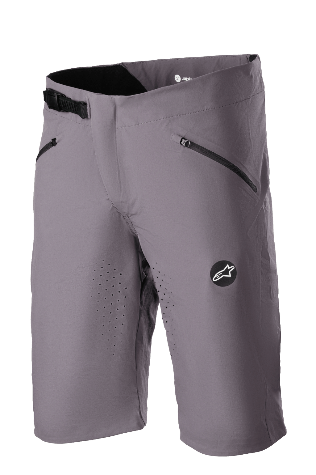 Alpinestars Drop Algorithm Shorts, short de VTT, gris Sparrow, perforations de ventilation laser sur les cuisses, deux poches zippées noires, boucle de réglage à cliquet à la taille, patch logo Alpinestars, tissu technique extensible léger
