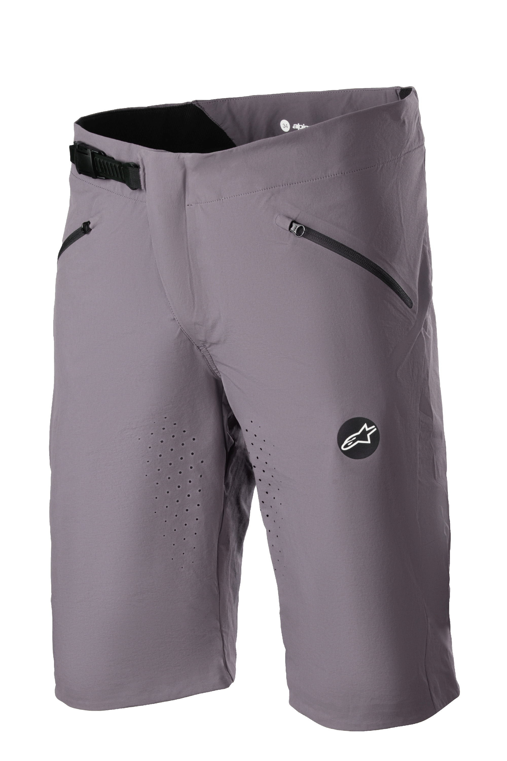 Alpinestars Drop Algorithm Shorts, short de VTT, gris Sparrow, perforations de ventilation laser sur les cuisses, deux poches zippées noires, boucle de réglage à cliquet à la taille, patch logo Alpinestars, tissu technique extensible léger