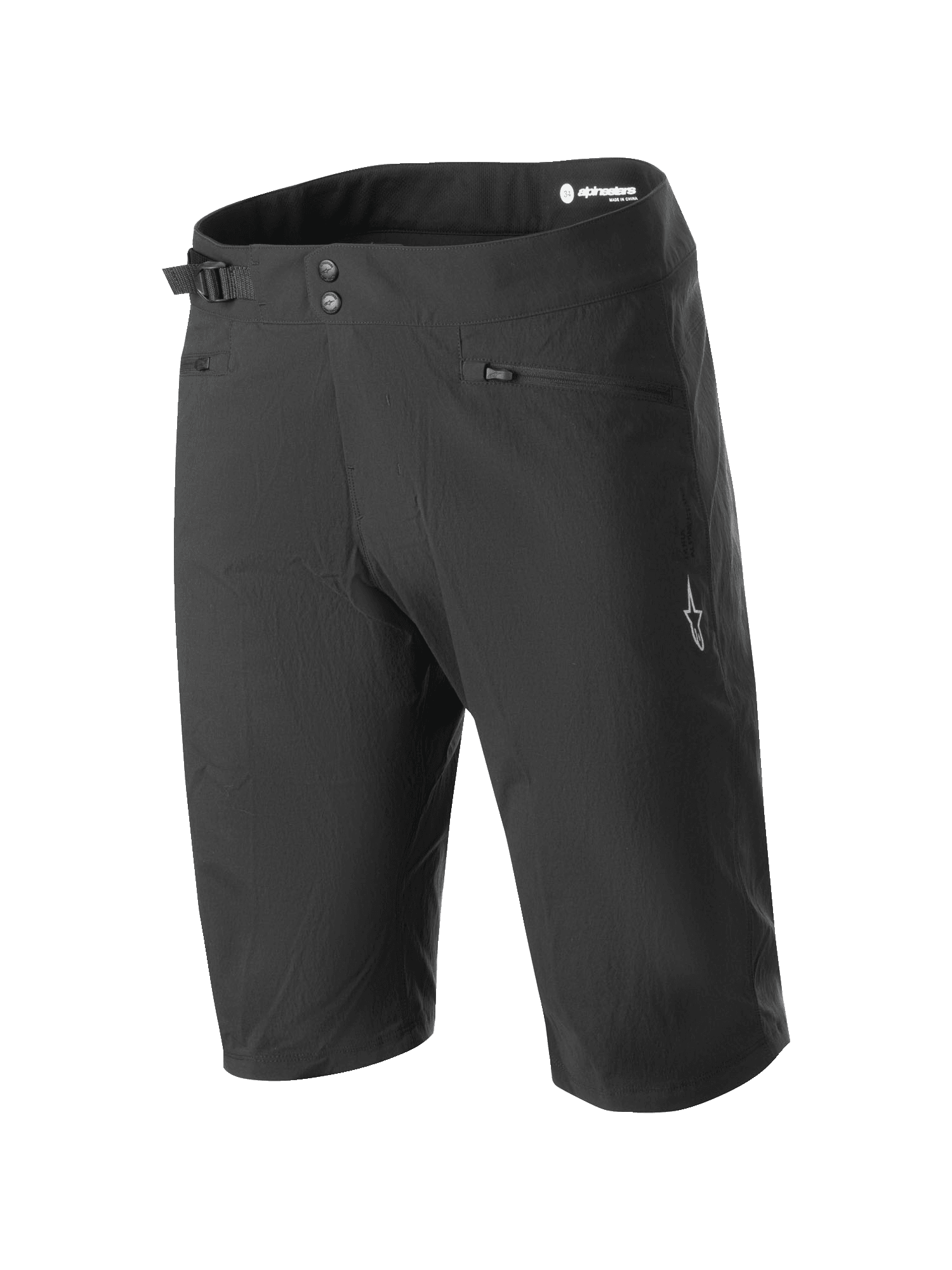 Short Alpinestars A-Dura, short de VTT, noir, doté d'une double fermeture à pression, d'un ajusteur de taille latéral, de poches zippées et d'un logo blanc sur la jambe, tissu extensible 2 directions durable pour le cyclisme tout-terrain