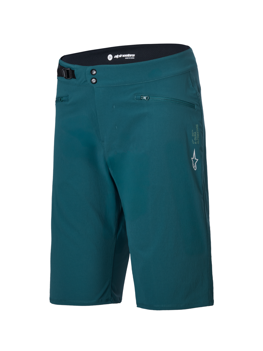 Alpinestars A-Dura shorts, mountainbike shorts, Dark Pine groen, voorzien van ritszakken, dubbele drukknoopsluiting aan de voorkant, verstelbare taille aan de zijkant en wit Alpinestars-logo op de linkerpijp, duurzaam ontwerp voor mountainbiken