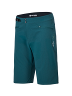 Alpinestars A-Dura shorts, mountainbike shorts, Dark Pine groen, voorzien van ritszakken, dubbele drukknoopsluiting aan de voorkant, verstelbare taille aan de zijkant en wit Alpinestars-logo op de linkerpijp, duurzaam ontwerp voor mountainbiken