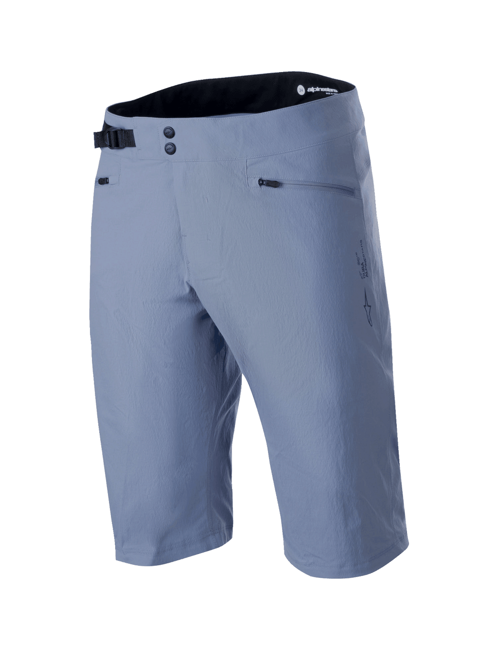 Short Alpinestars A-Dura, short de VTT, bleu Infinity, avec double fermeture à pression à l'avant, boucle de serrage latérale noire réglable, poches zippées et tissu texturé extensible dans deux directions, vêtement technique de VTT