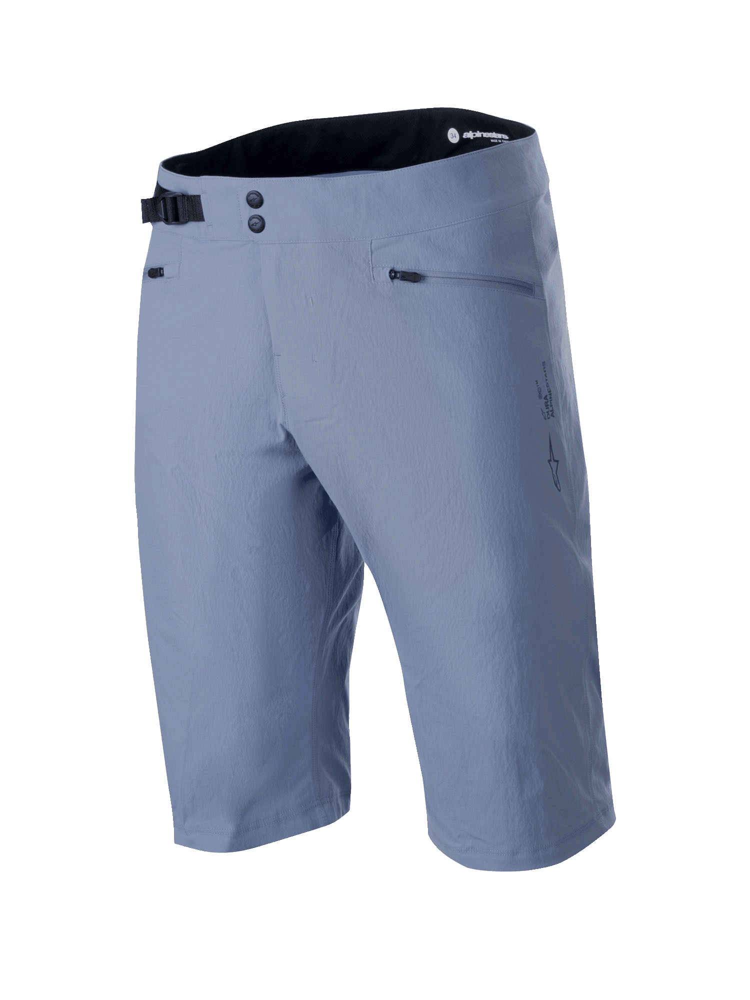 Short Alpinestars A-Dura, short de VTT, bleu Infinity, avec double fermeture à pression à l'avant, boucle de serrage latérale noire réglable, poches zippées et tissu texturé extensible dans deux directions, vêtement technique de VTT