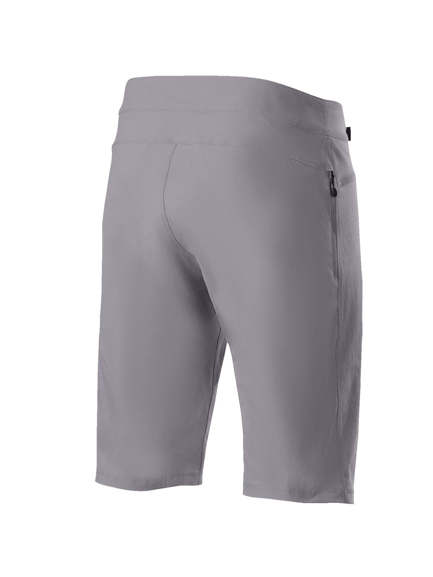 Shorts Alpinestars A-Dura, shorts de VTT, gris foncé, vue arrière de trois-quarts montrant le tissu extensible bidirectionnel durable et la poche latérale zippée, vêtement technique de cyclisme