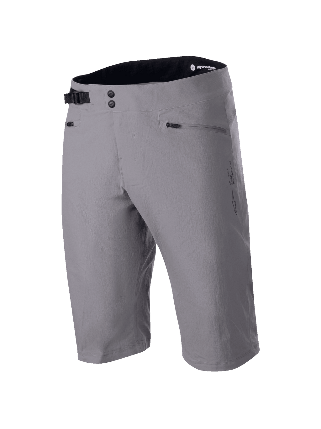 Short Alpinestars A-Dura, short de VTT, gris foncé, design longueur genou avec fermeture à double pression à la taille et serrage latéral ajustable, poches zippées, tissu technique extensible dans deux directions pour le VTT