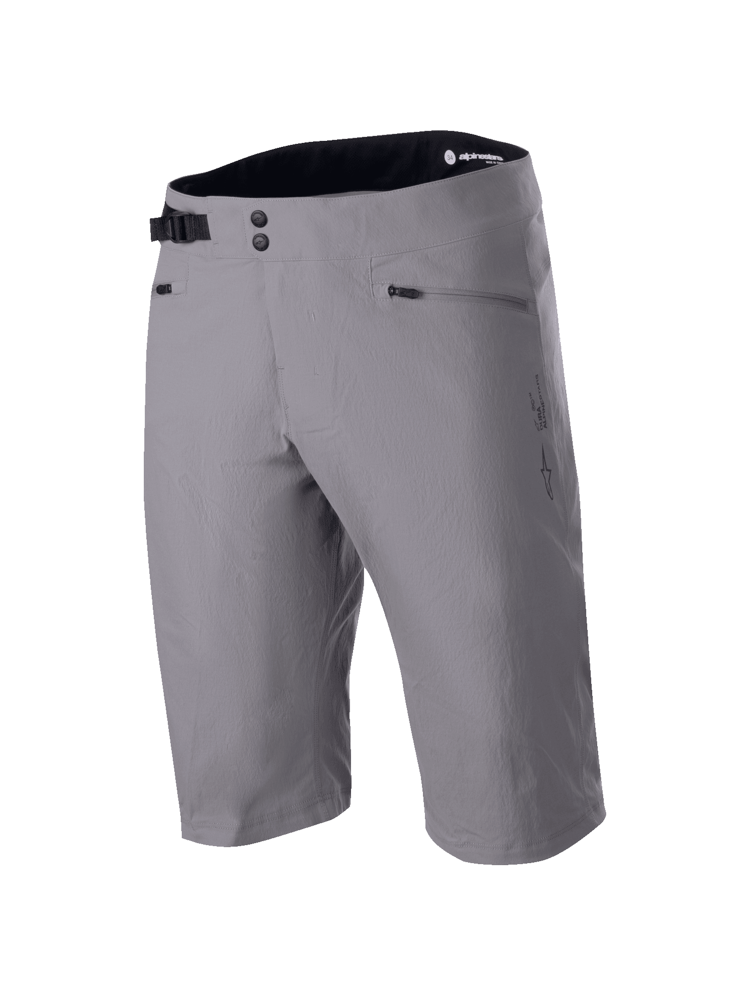 Short Alpinestars A-Dura, short de VTT, gris foncé, design longueur genou avec fermeture à double pression à la taille et serrage latéral ajustable, poches zippées, tissu technique extensible dans deux directions pour le VTT