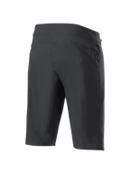 Alpinestars A-Dura Liner Shorts, zwarte MTB short, driekwart achteraanzicht, voorzien van een zijzak met ritssluiting, duurzame stretchstof en een gestroomlijnd sportief ontwerp voor off-road fietsen